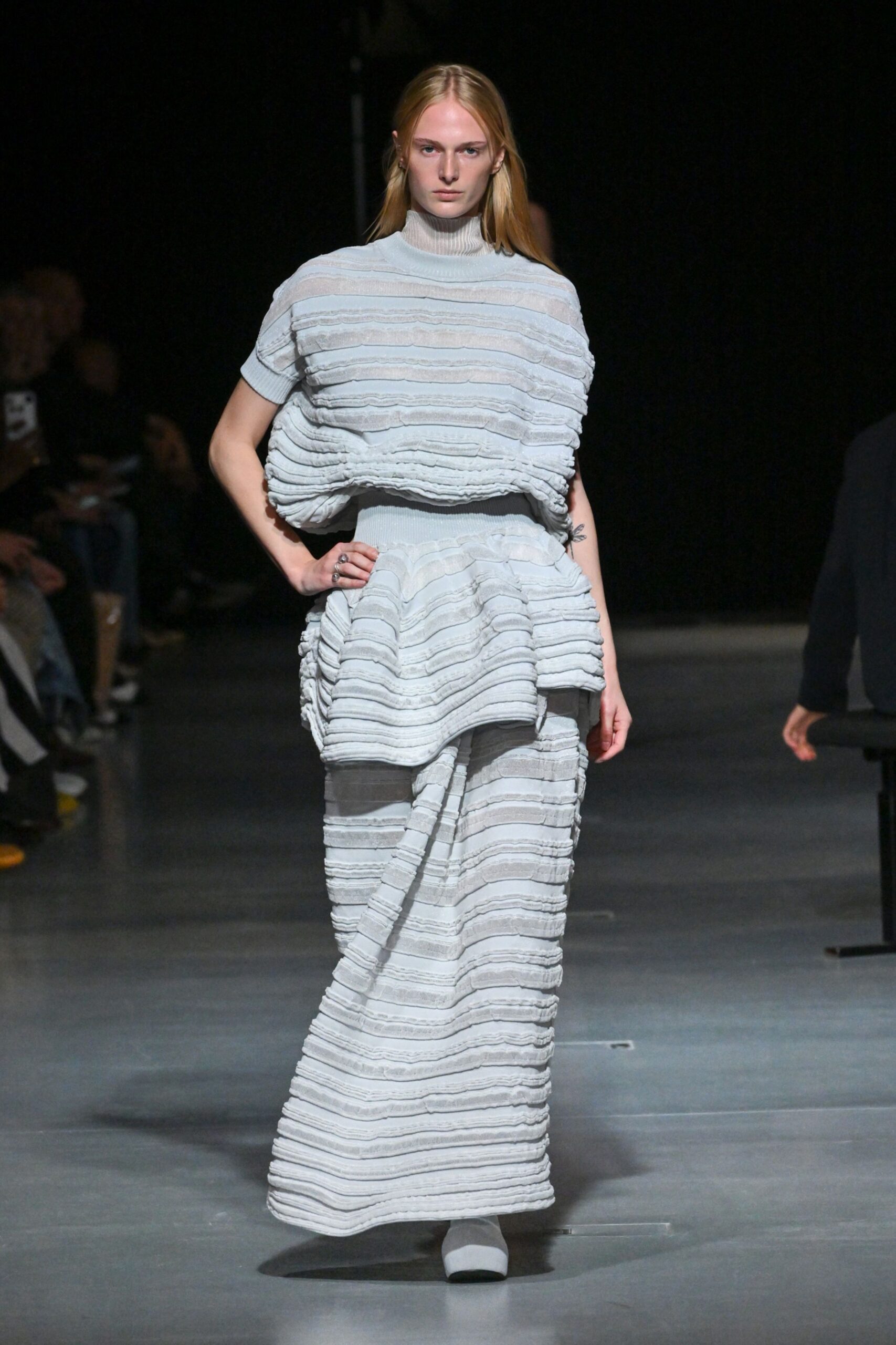 cotton long-sleeve high-neck fitted layered pleated maxi dress