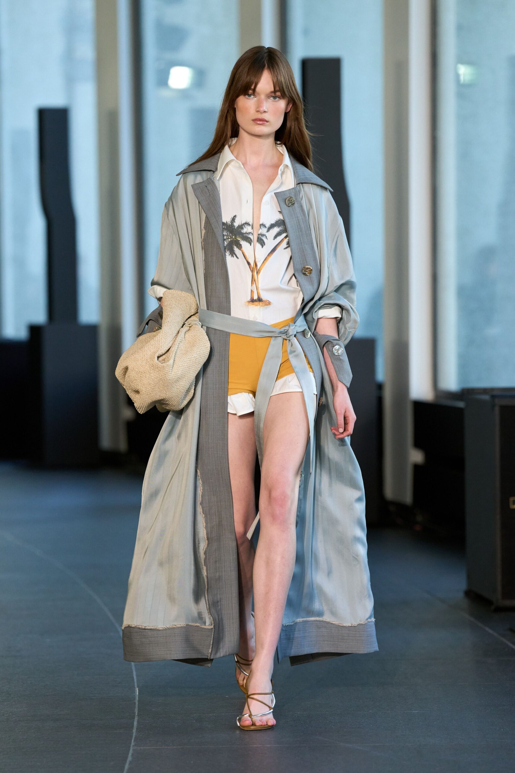 blue silk long-sleeve collared relaxed buttoned belted trench