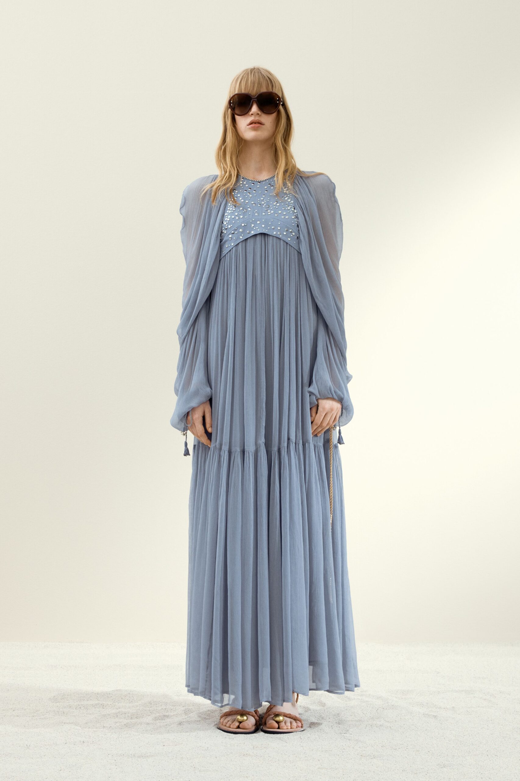 blue maxi-dress with sandals