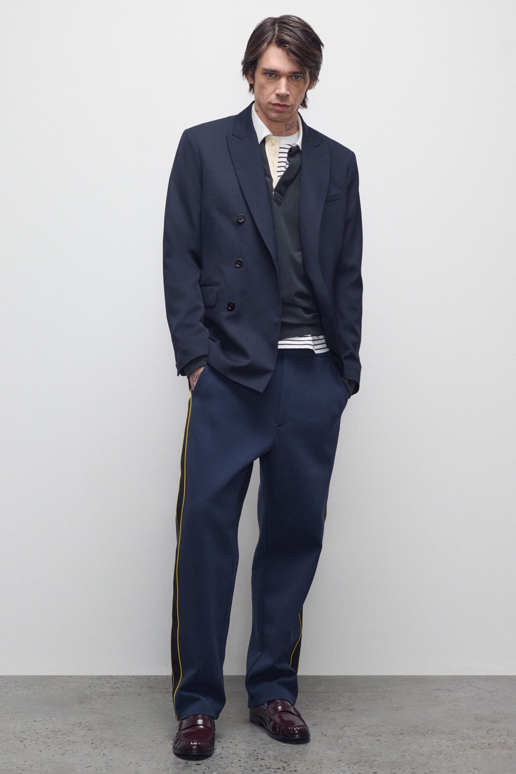 navy blazer gray sweater white shirt