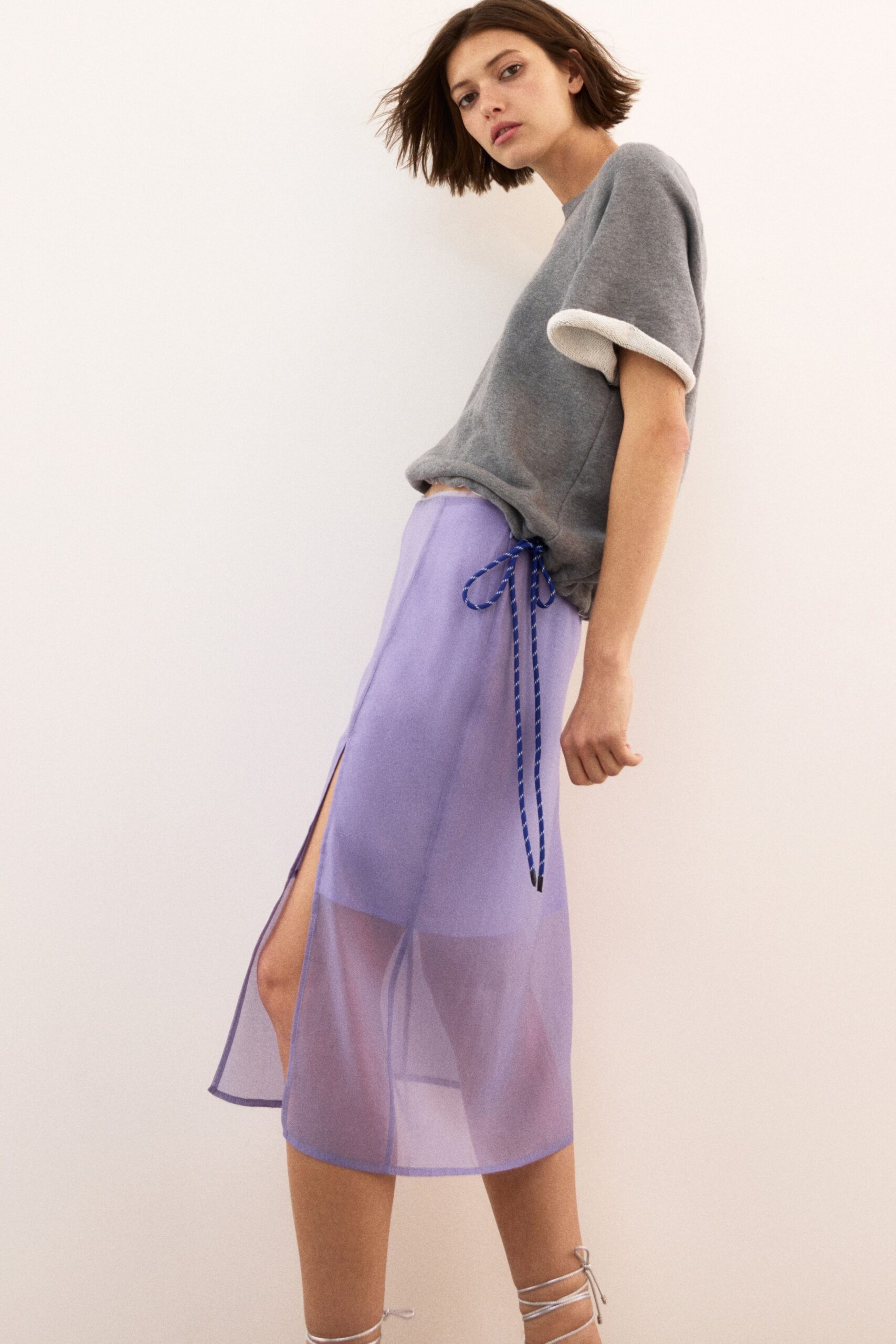 purple chiffon slit fitted high-waisted sheer midi skirt