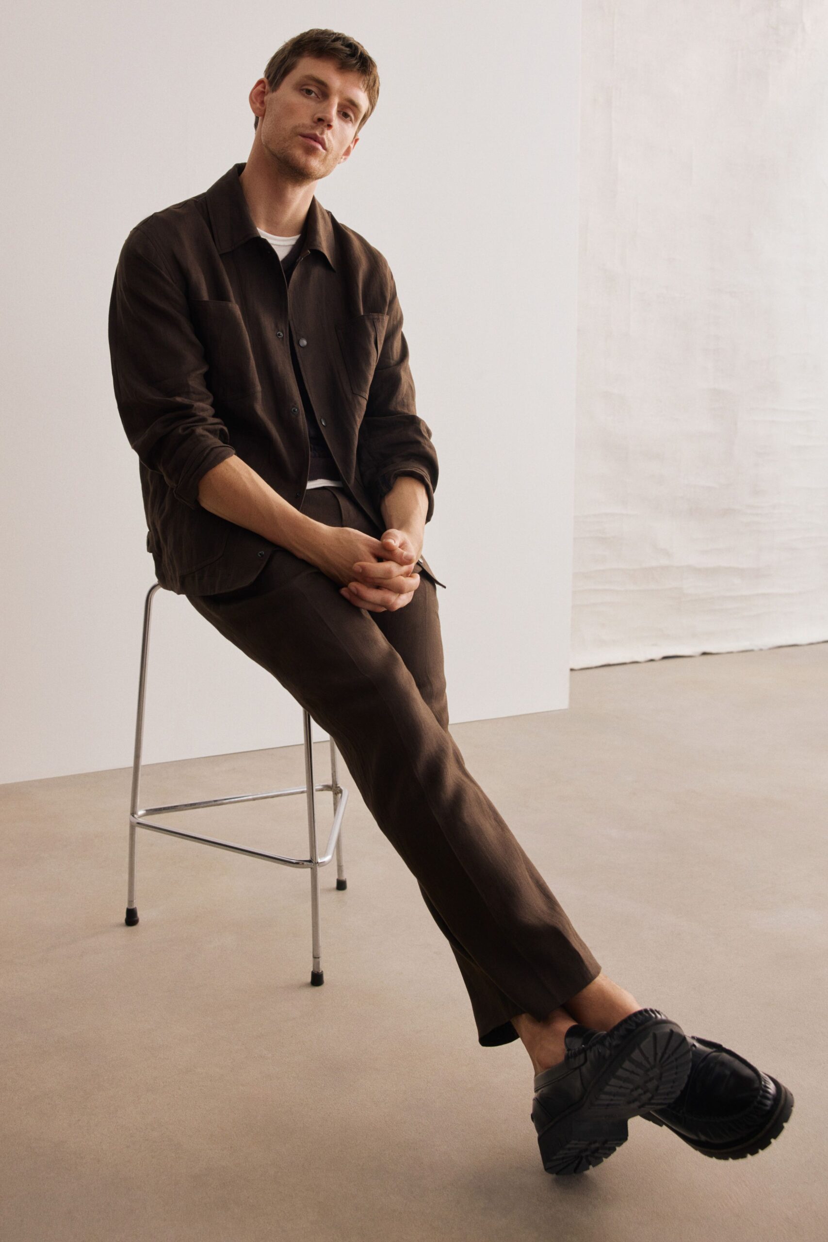 brown jacket white shirt tailored pants
