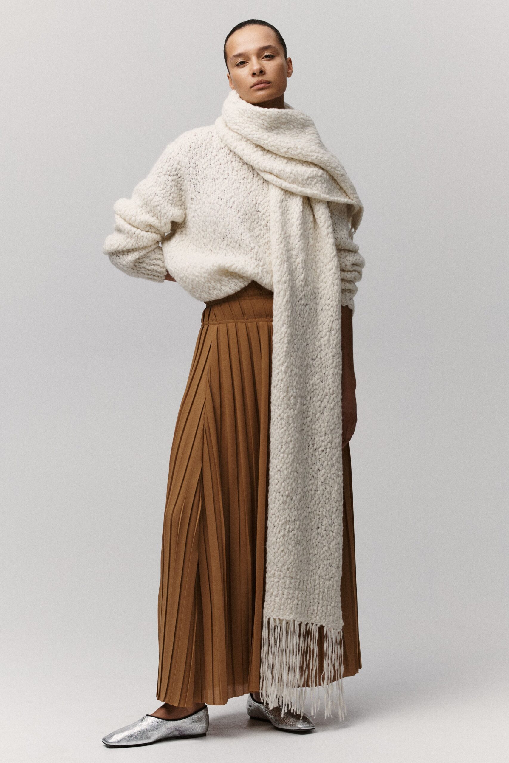 white wool long-sleeve high-neck oversized textured sweater