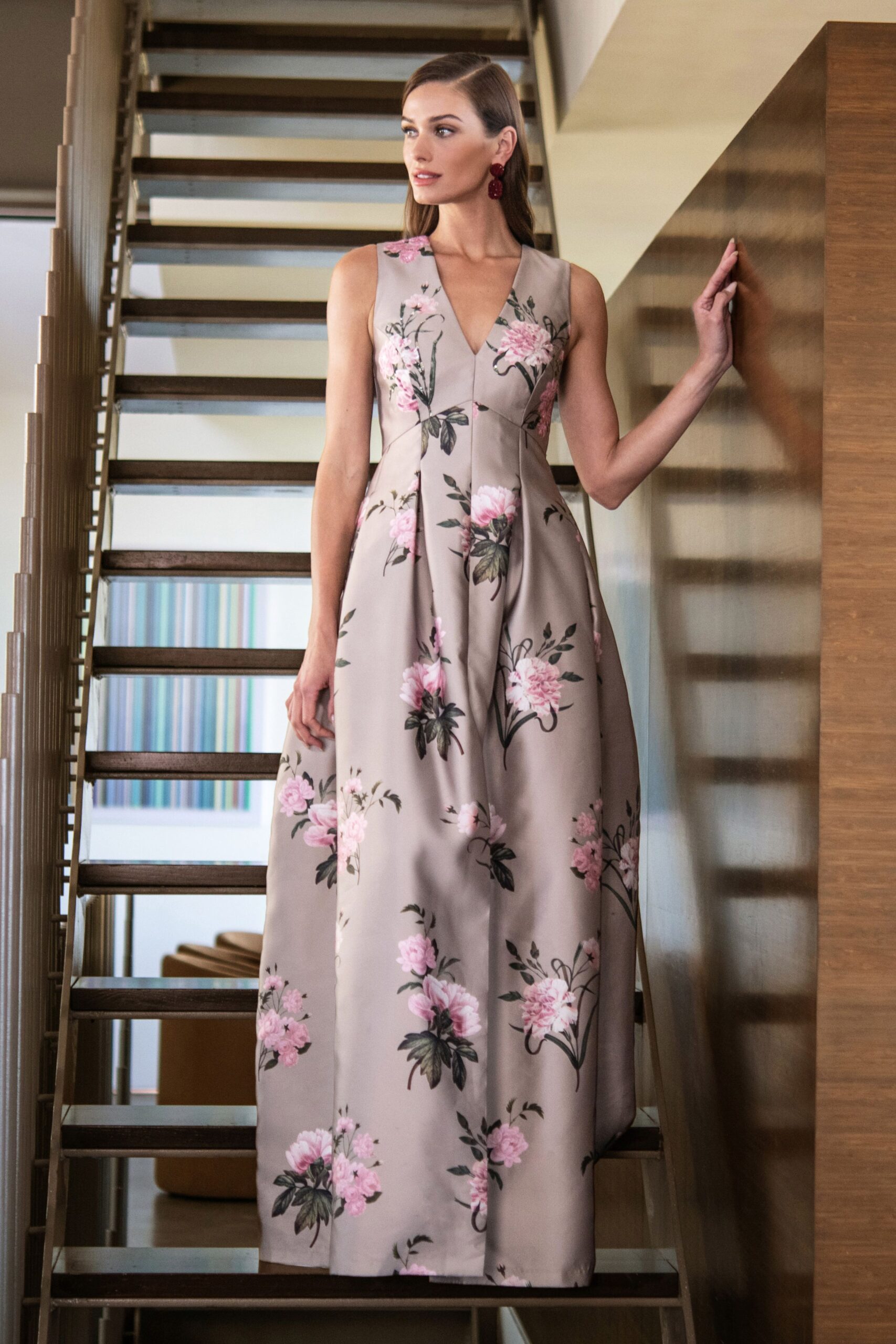 beige floral sleeveless gown