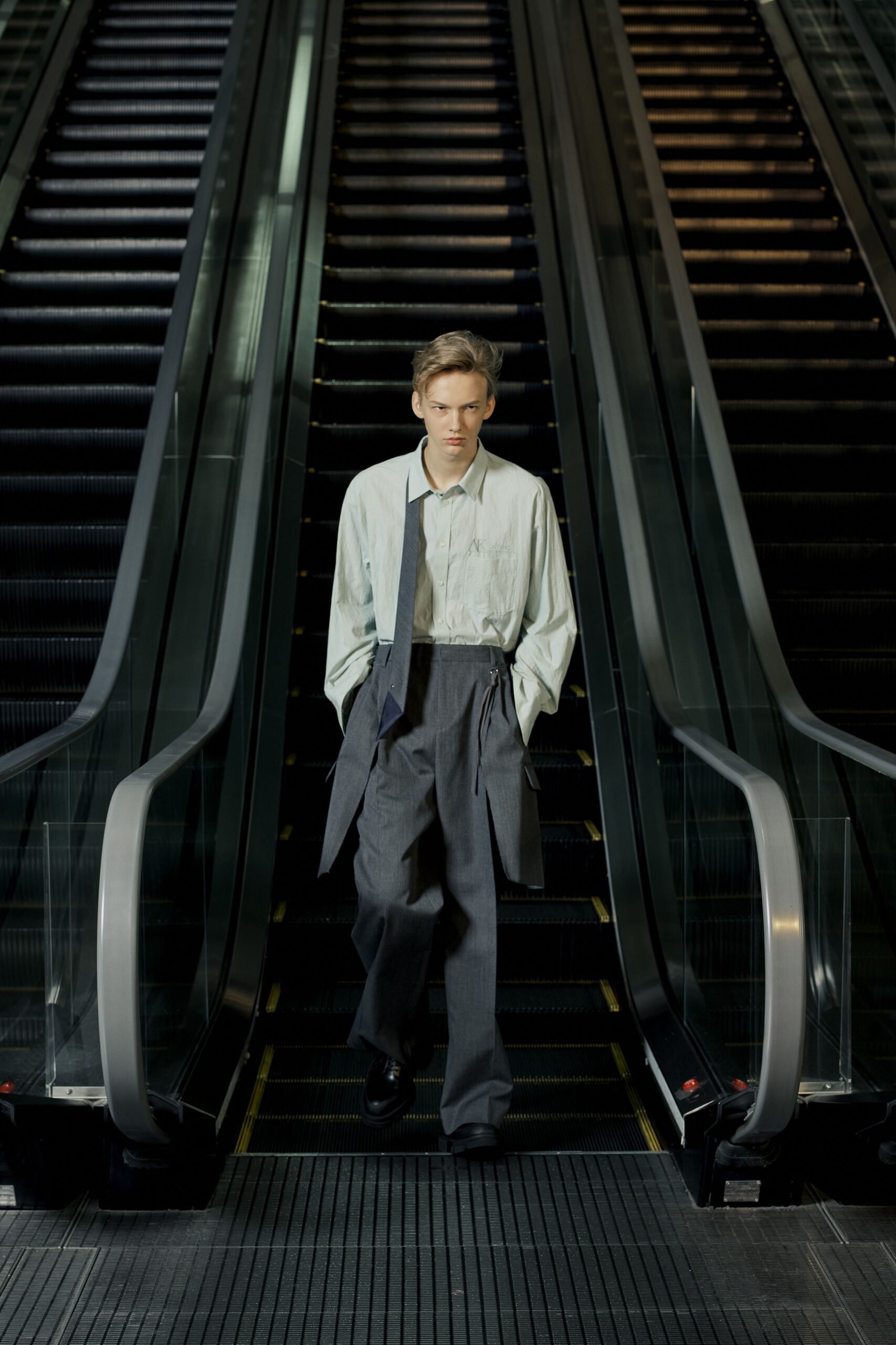 light blue shirt gray tailored pants