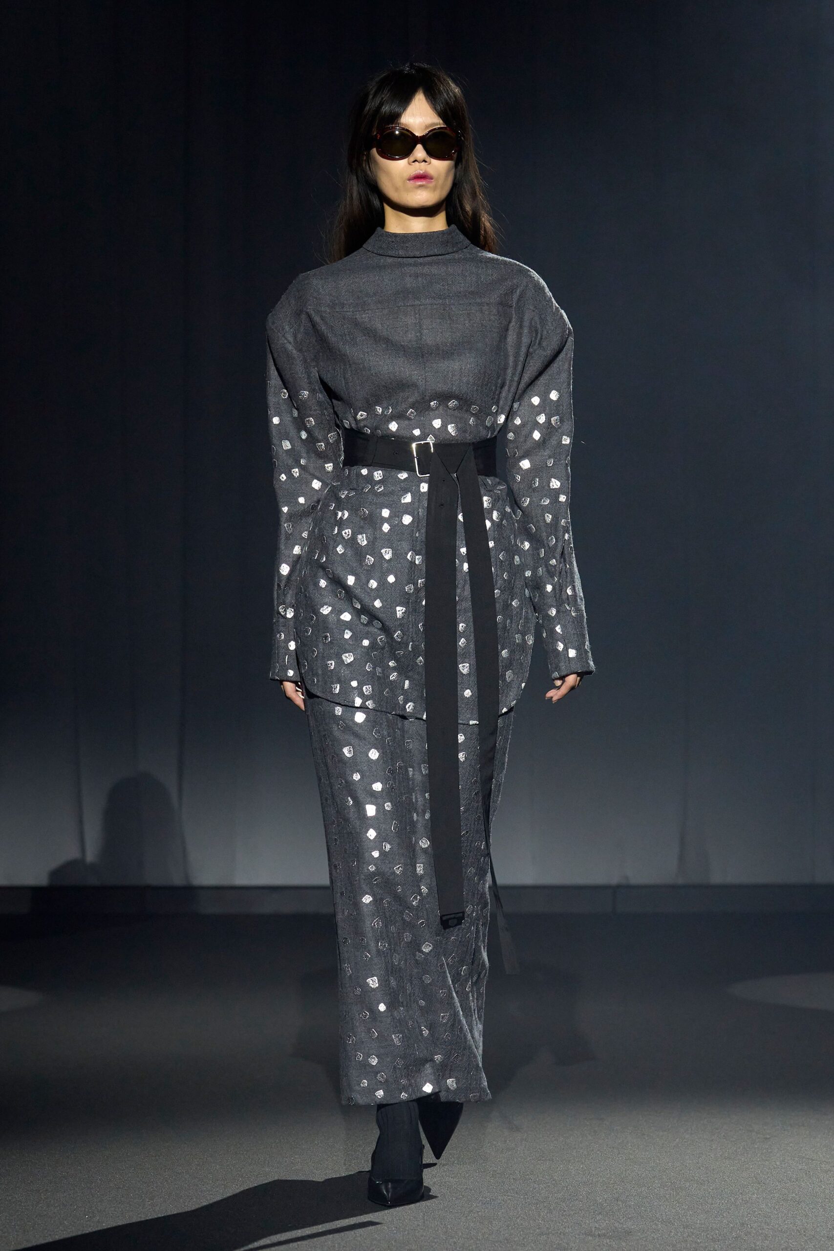 gray denim long-sleeve high-neck fitted belted embroidered dress