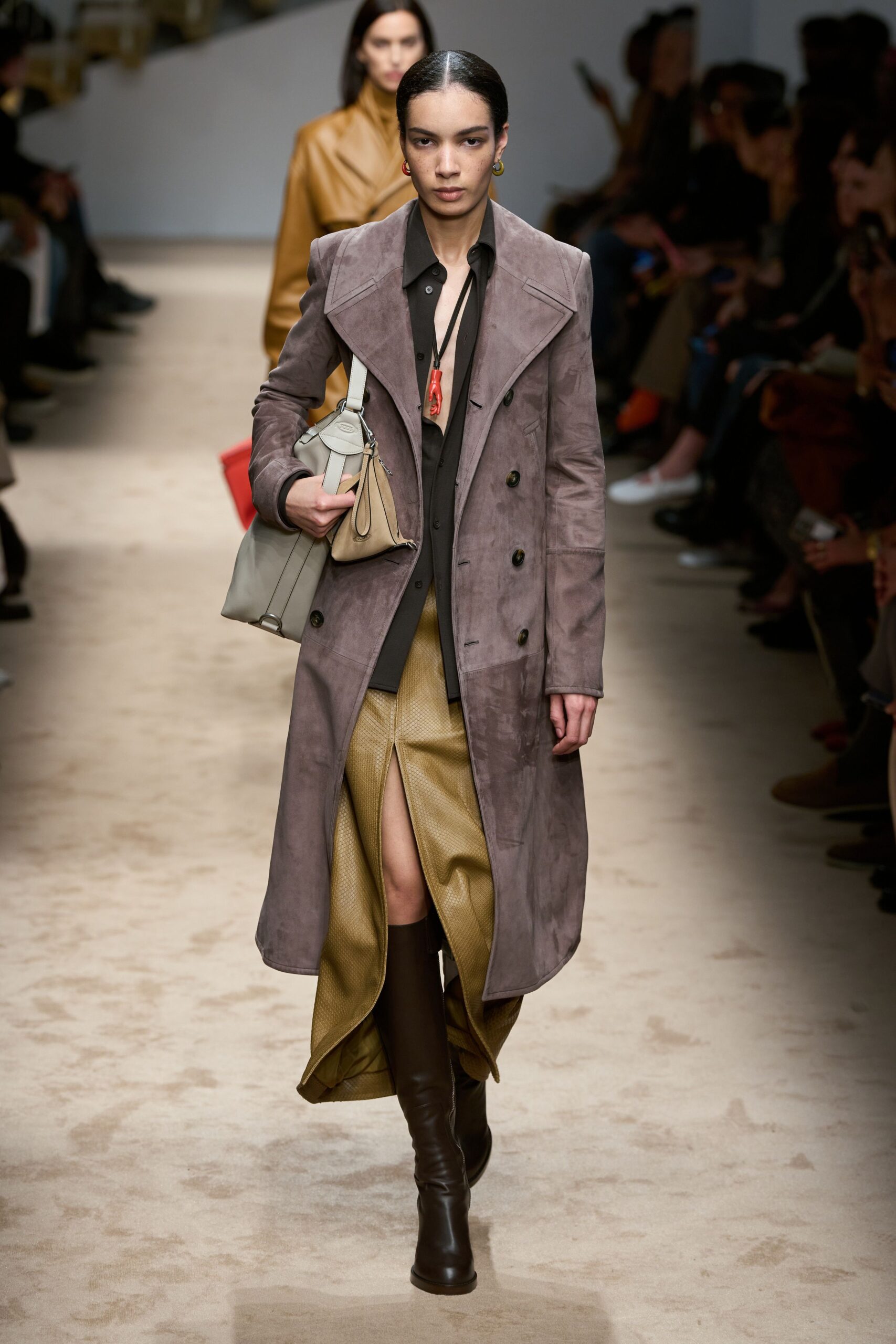 gray suede long-sleeve collared fitted buttoned coat