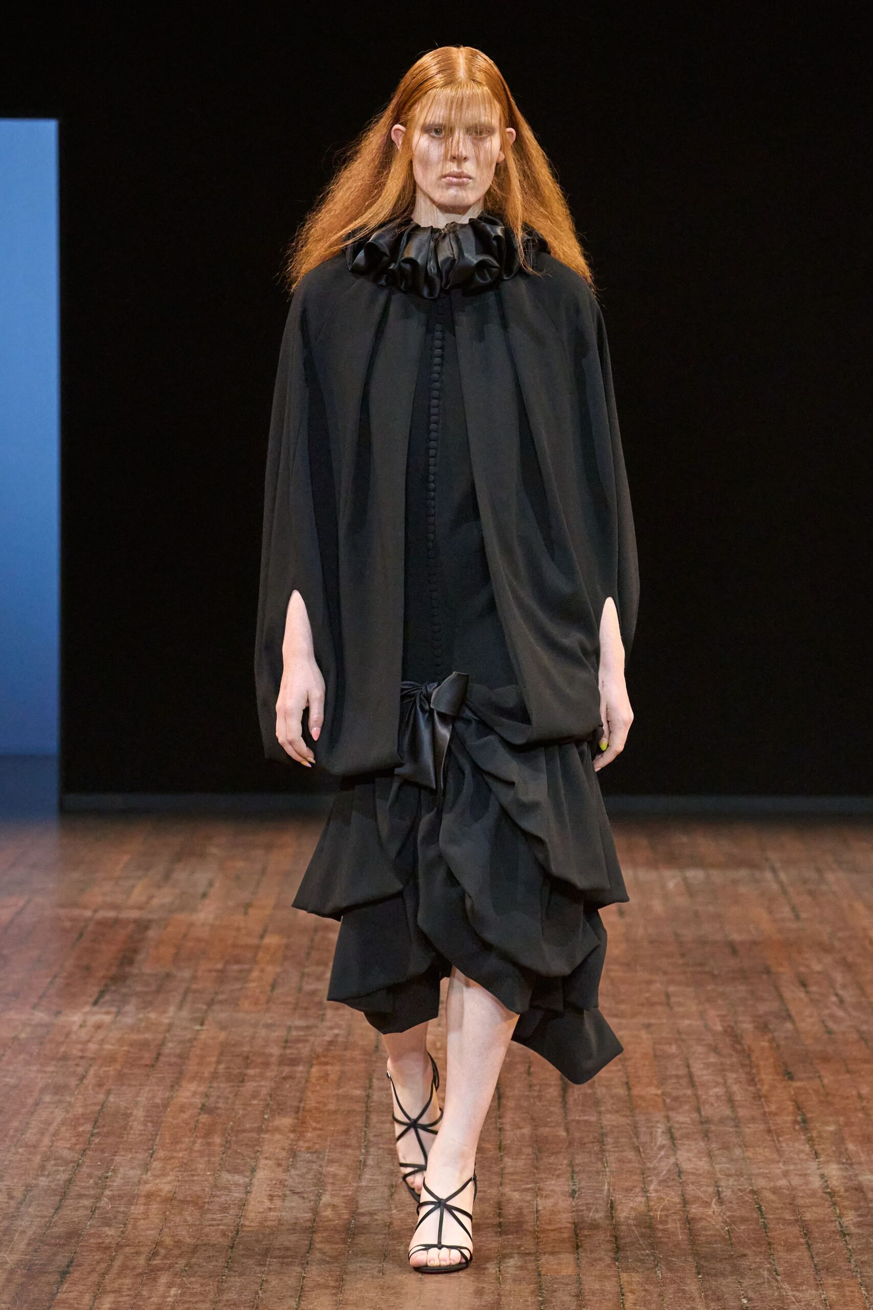 black silk ruffled midi dress with cape