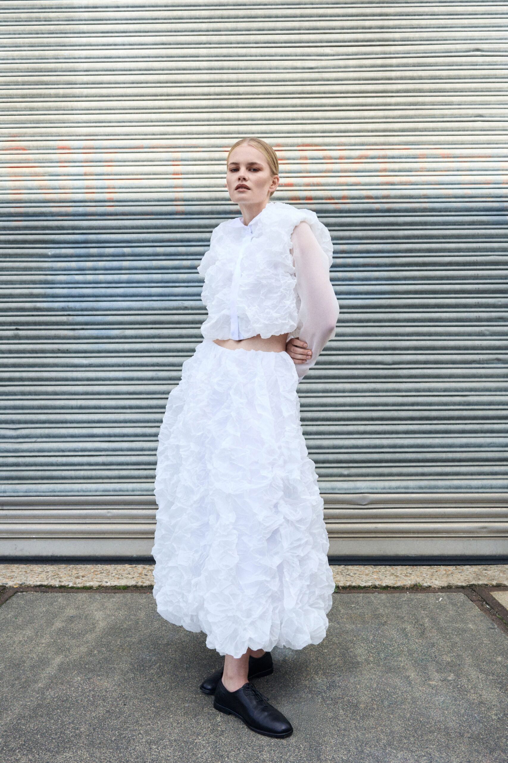 white chiffon long-sleeve collared fitted ruffled cropped top