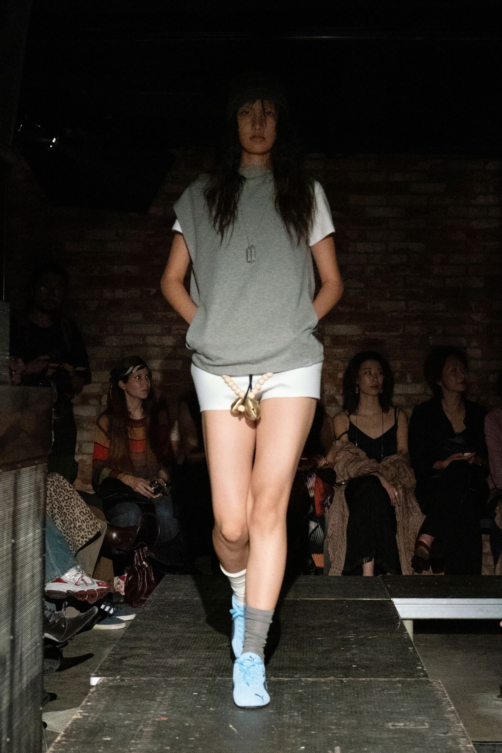 gray relaxed top with white shorts