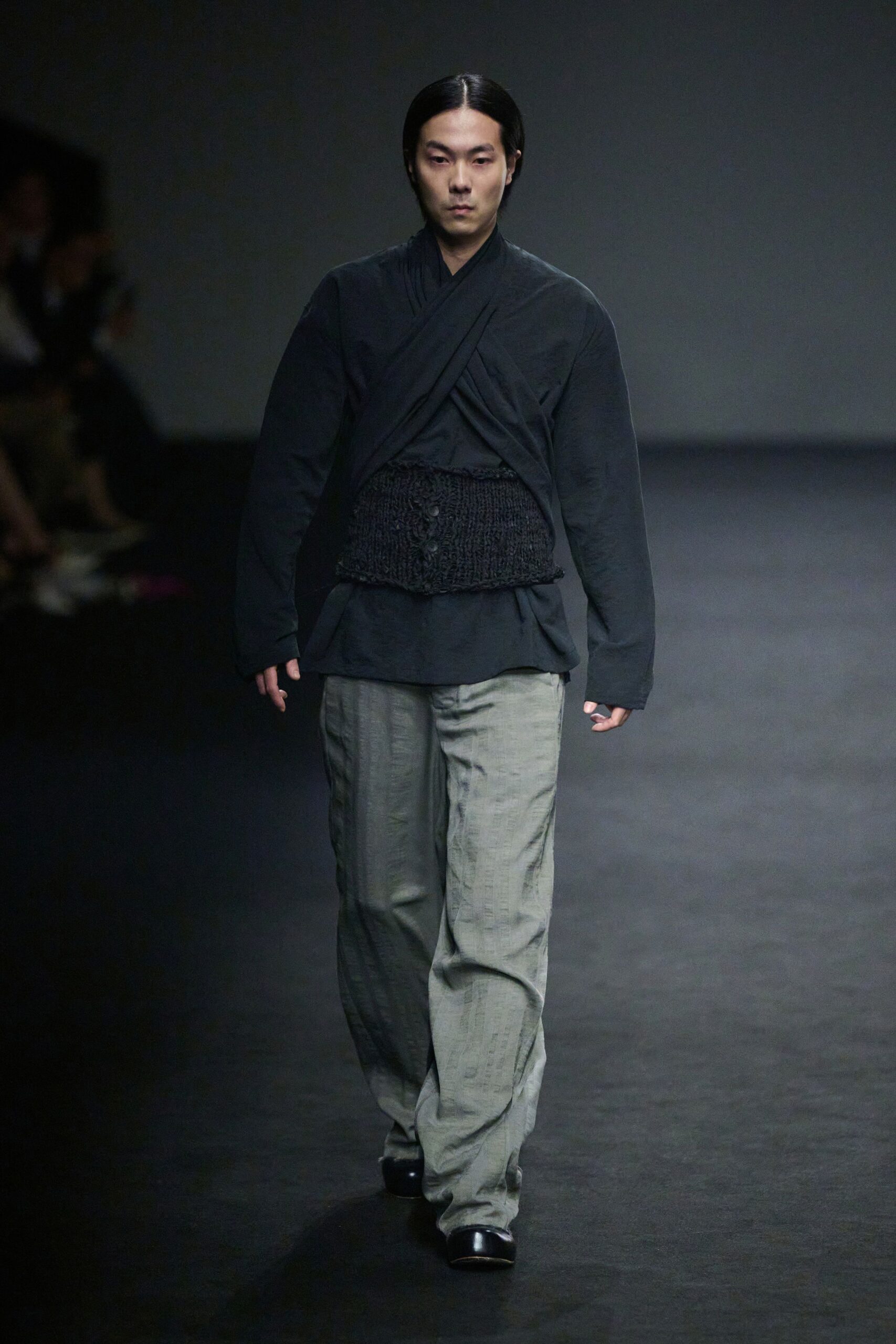 black relaxed top gray pants