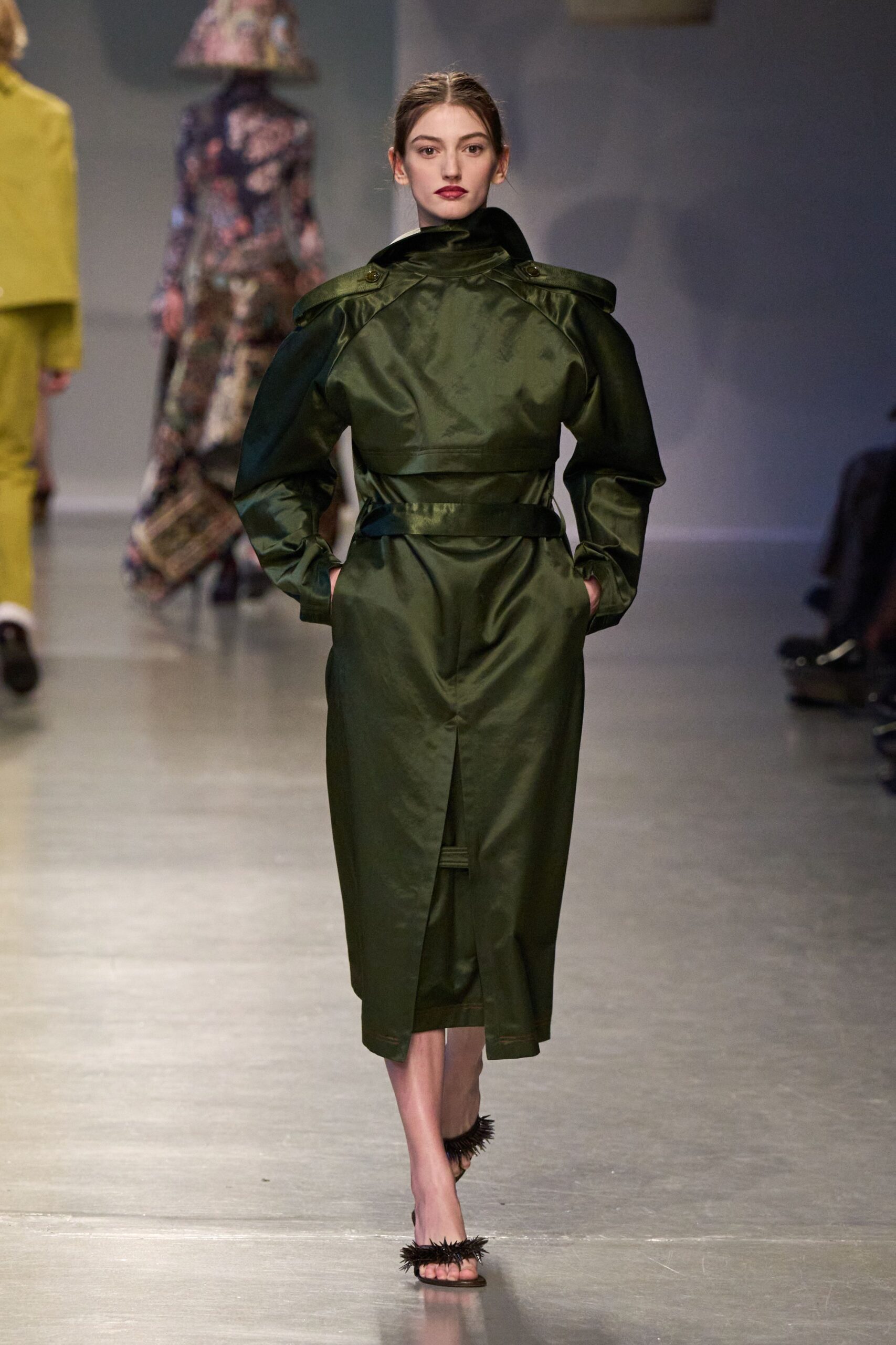 green silk long-sleeve collared fitted belted draped coat