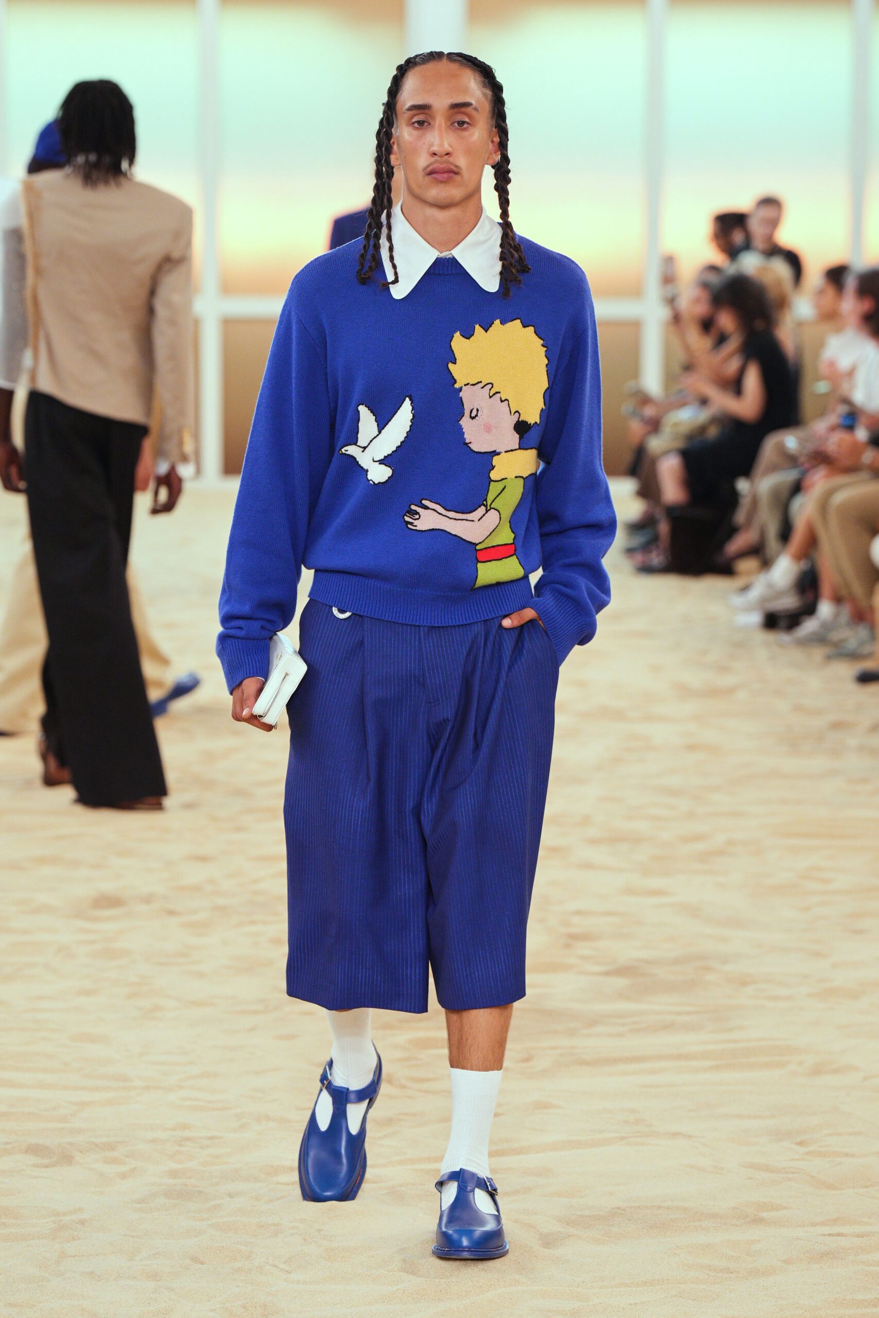 blue relaxed sweater and shorts