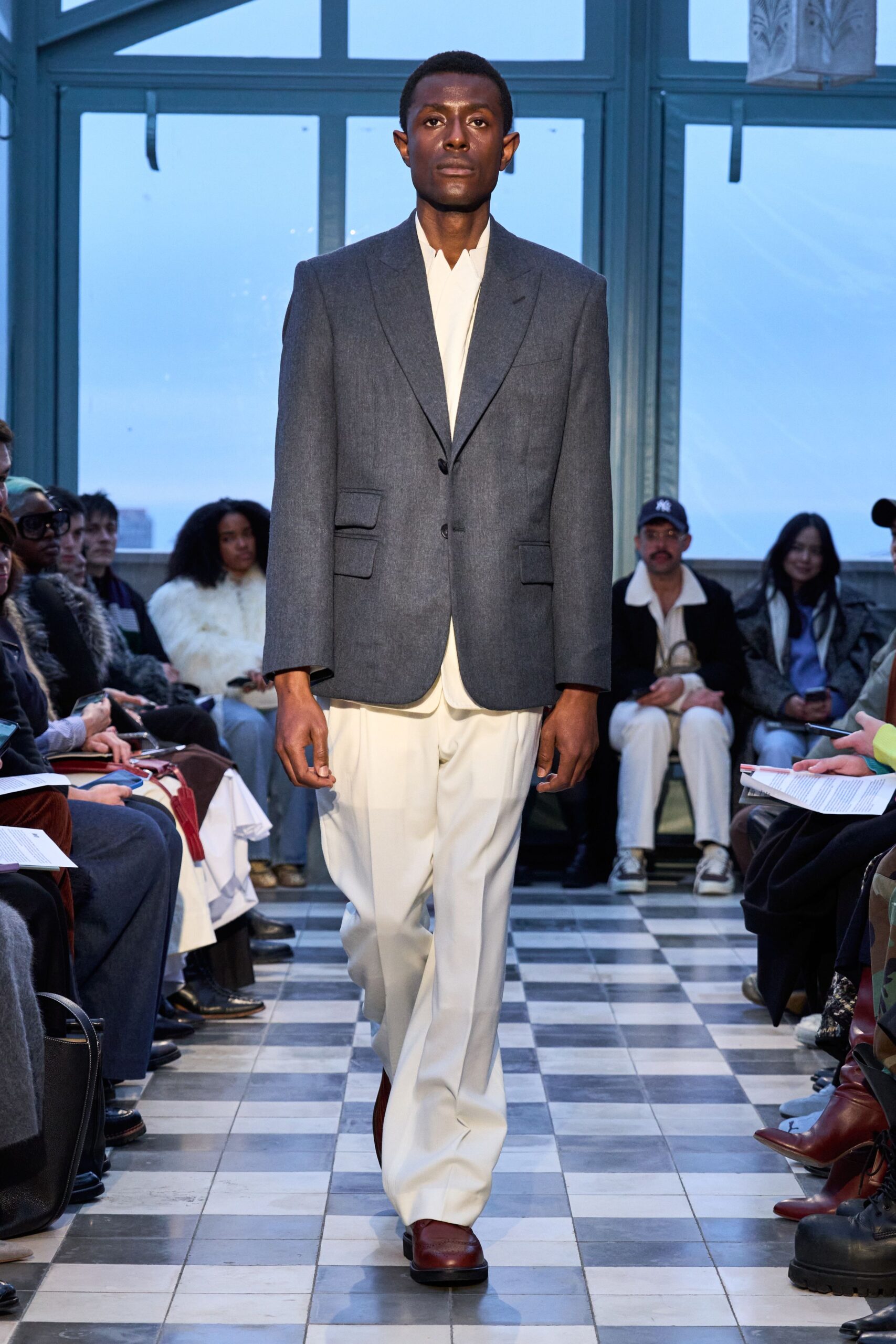gray tailored blazer white pants