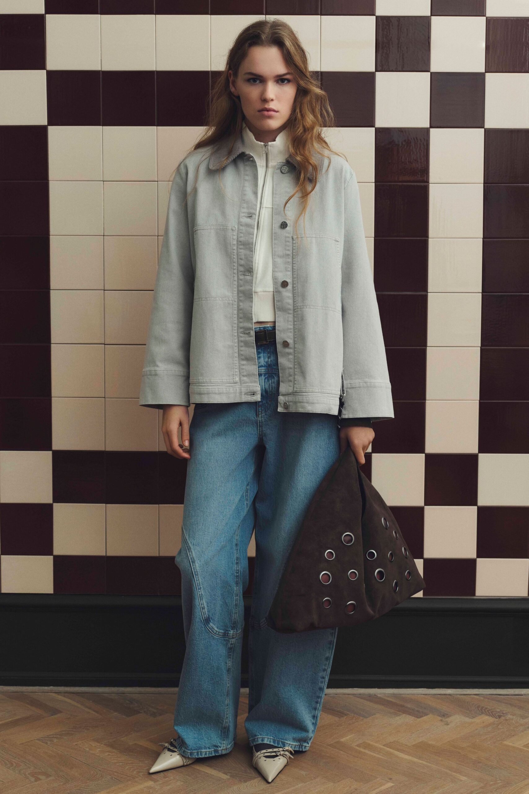 gray denim long-sleeve collared relaxed jacket