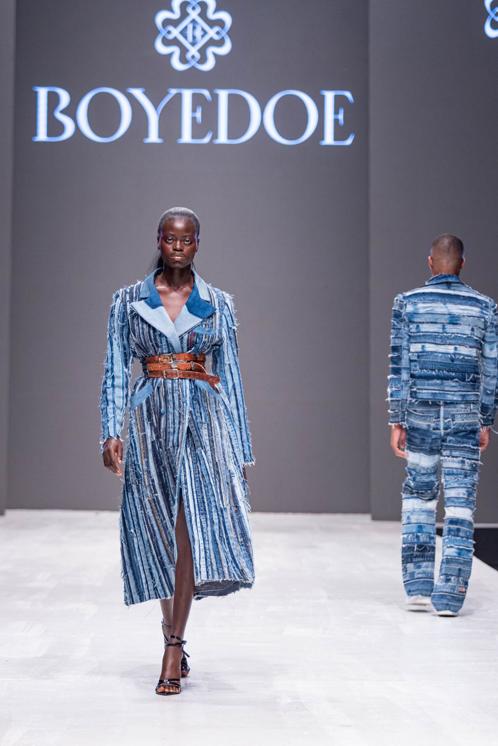 blue denim long-sleeve v-neck fitted belted fringed dress
