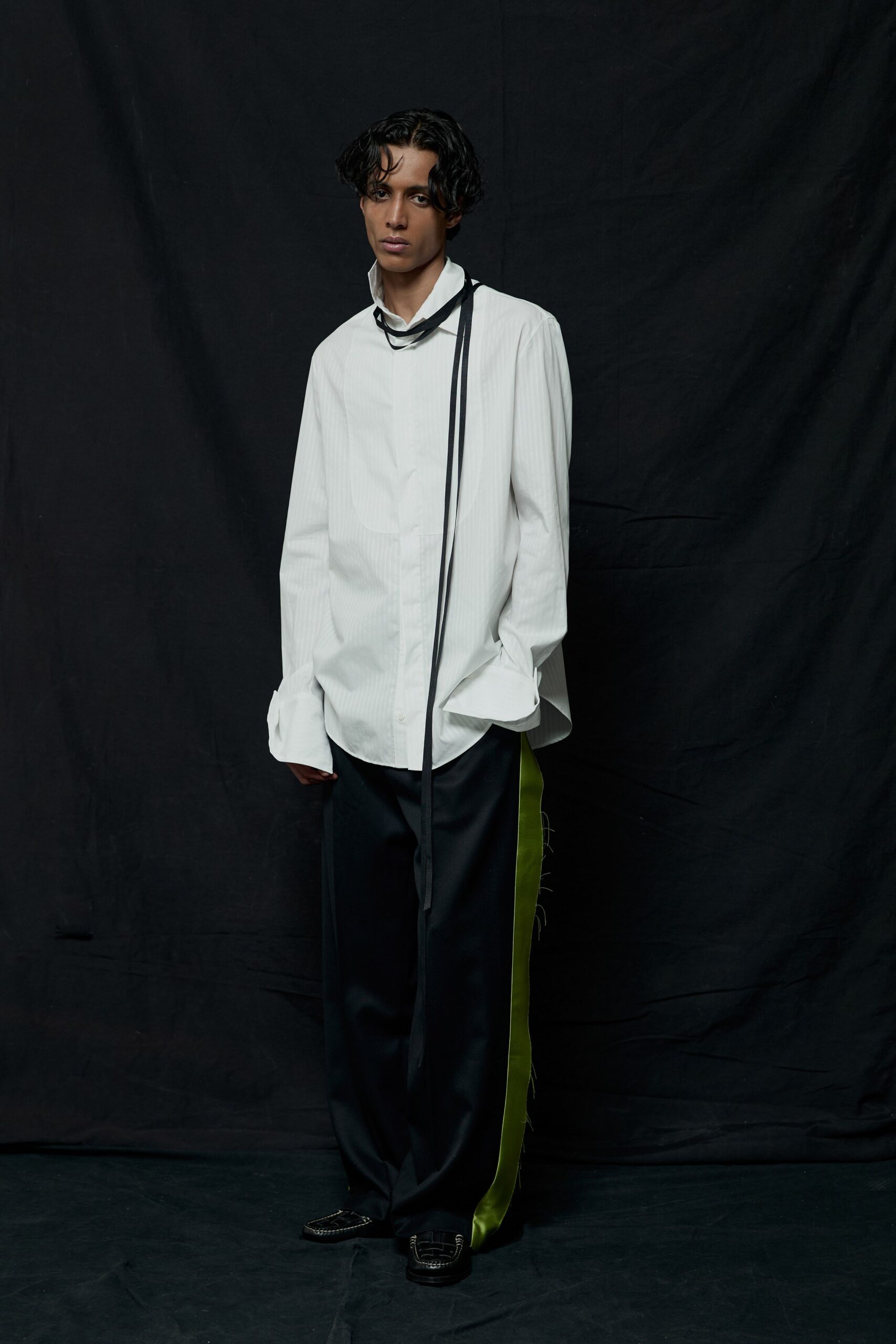 white striped shirt with black pants