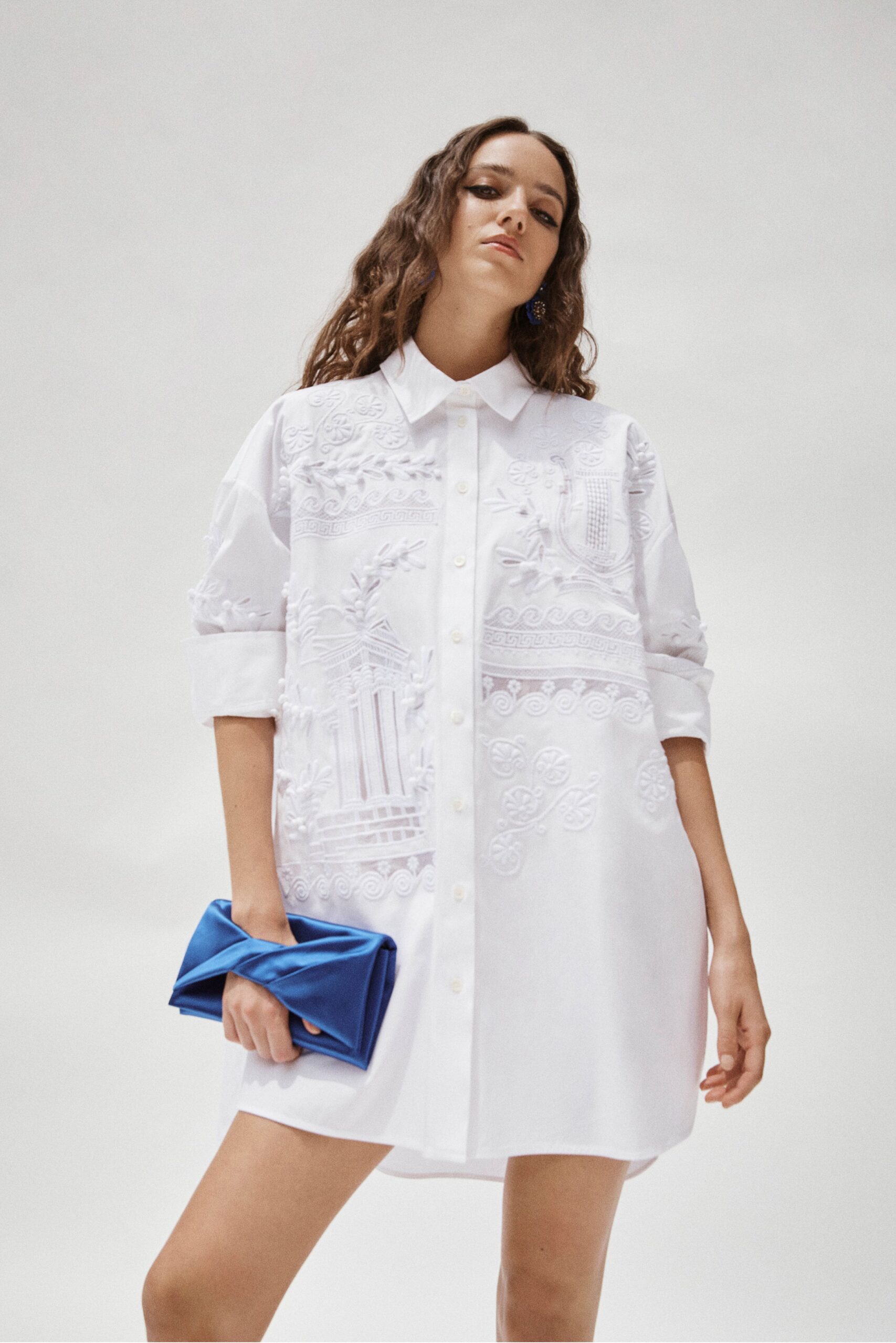 white cotton long-sleeve collared relaxed embroidered short shirt-dress