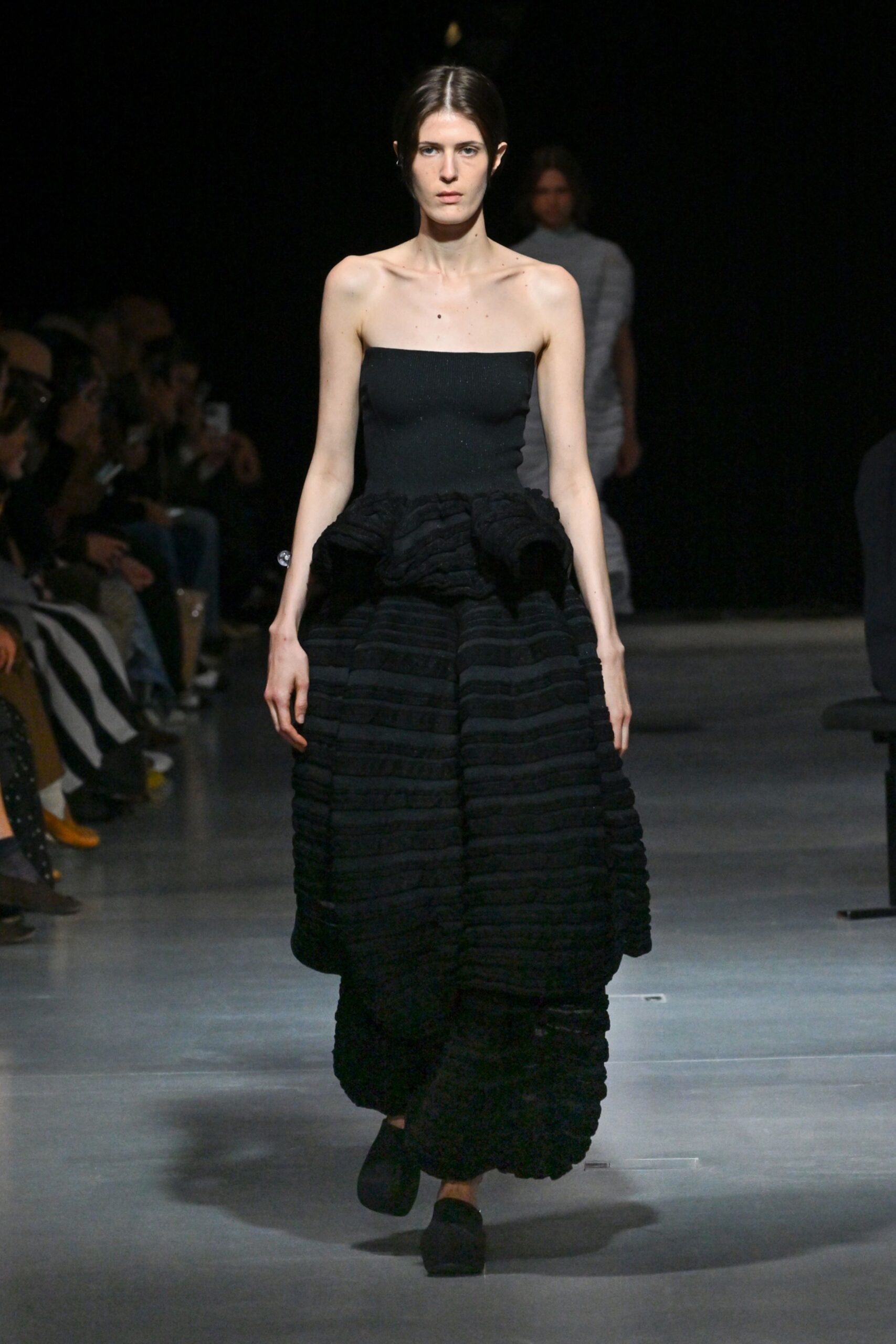 black strapless pleated gown