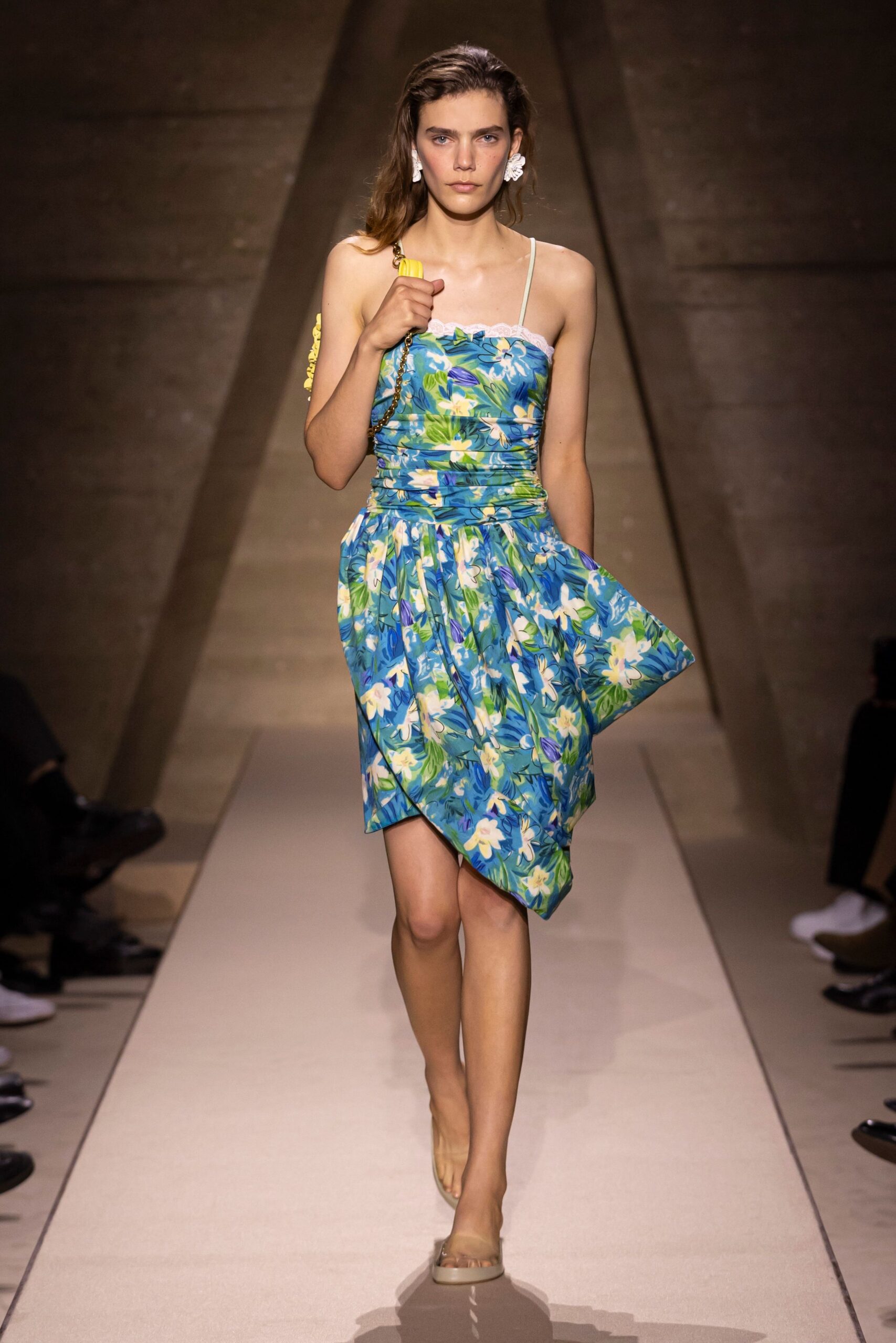 blue cotton sleeveless v-neck fitted ruffled flared dress