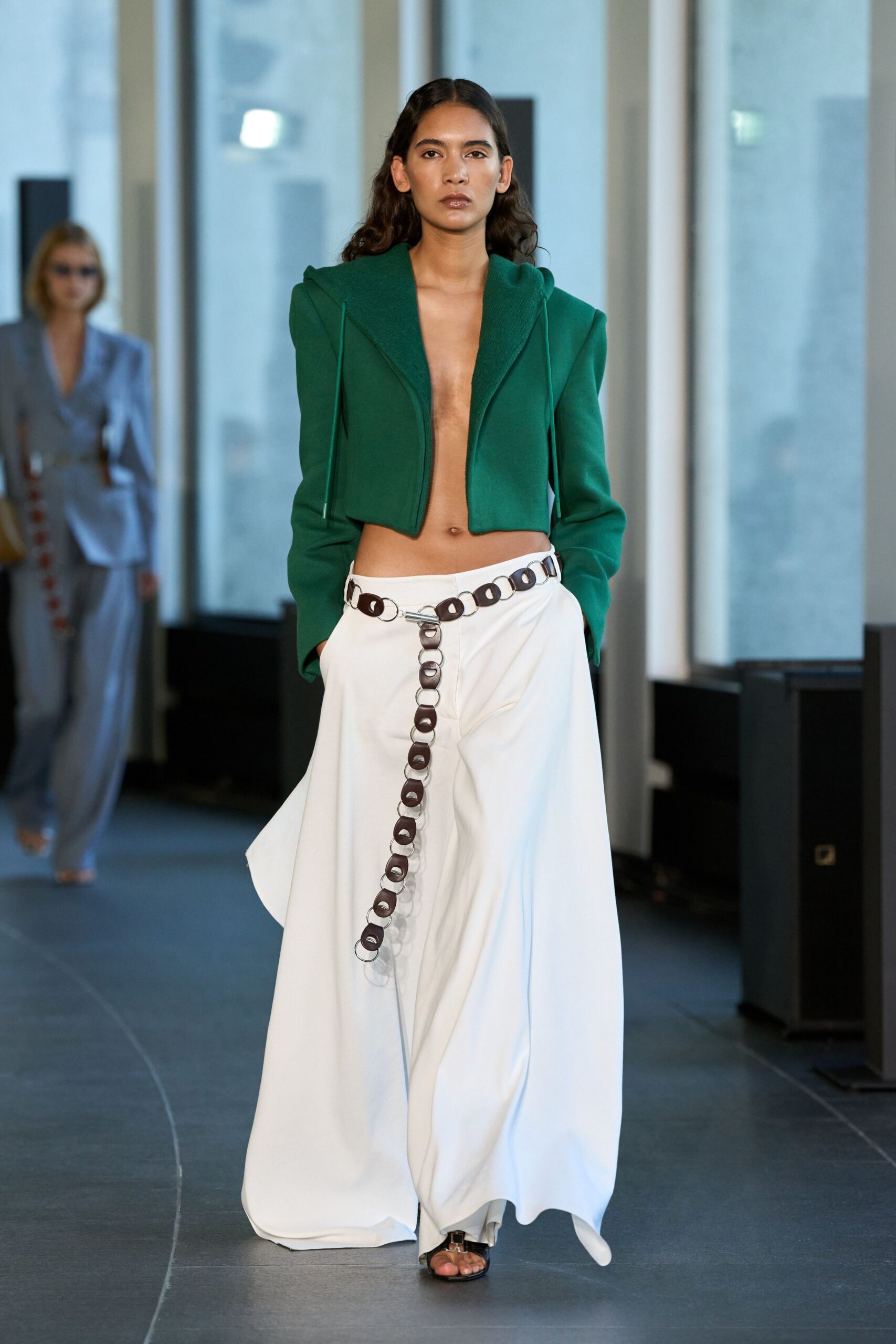green wool long-sleeve collared structured jacket