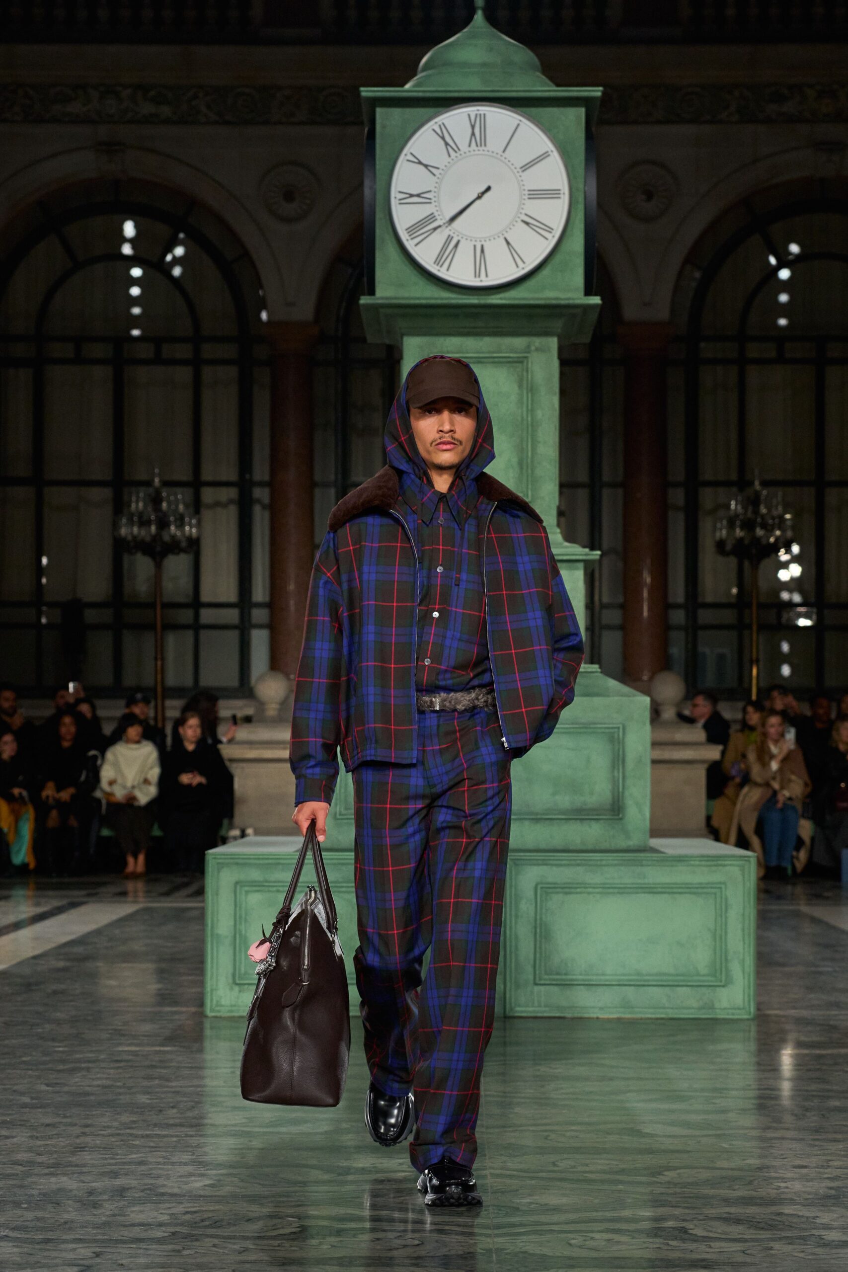 checked jacket and pants outfit
