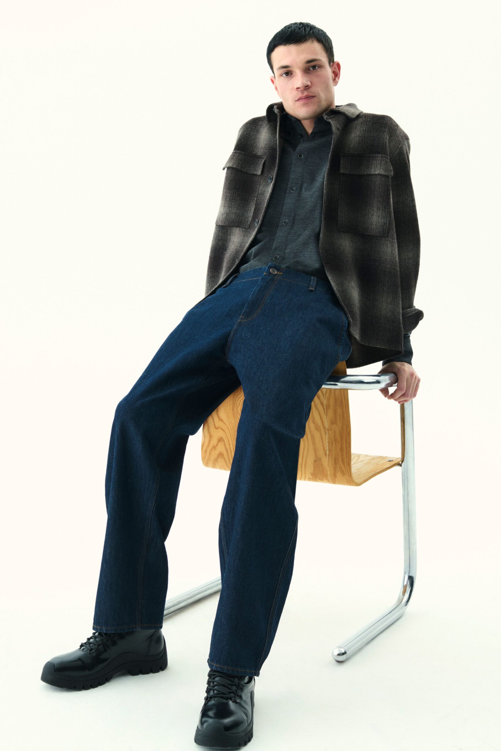 relaxed gray shirt with brown jacket