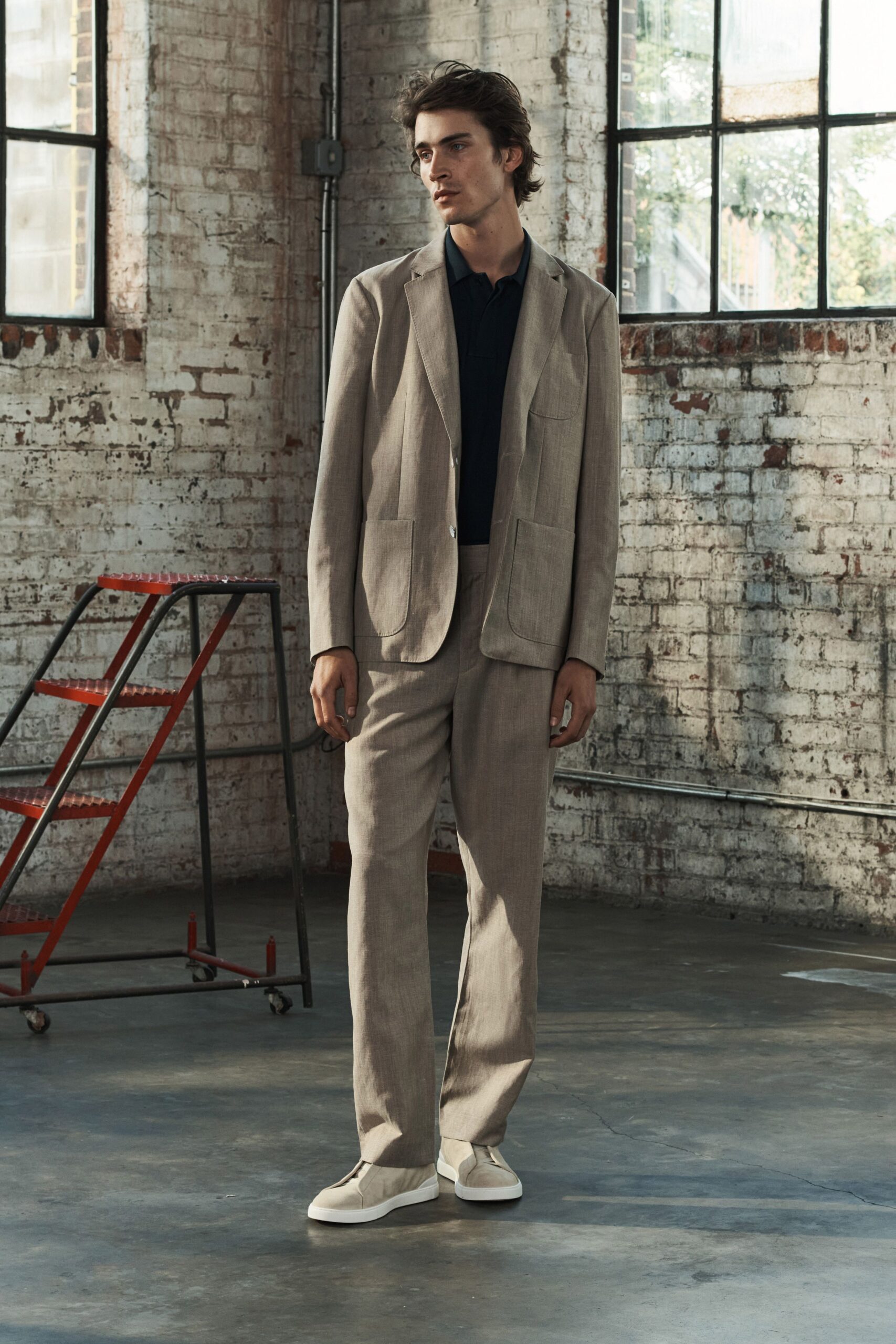 beige tailored linen suit