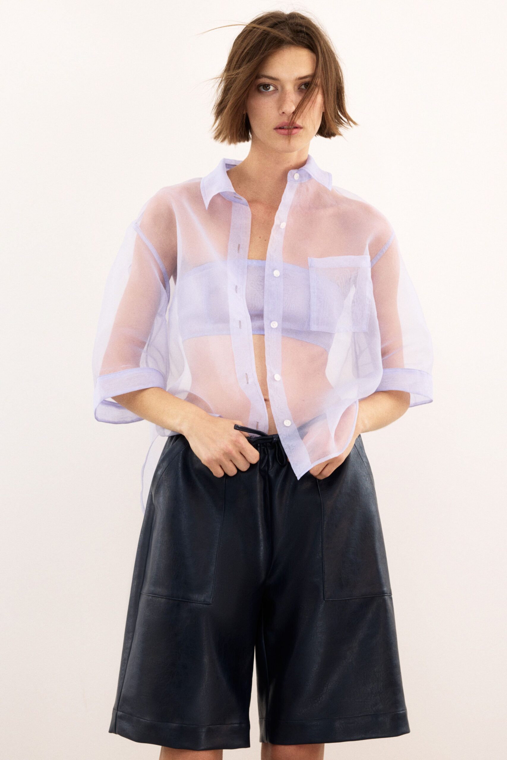 blue cotton long-sleeve collared relaxed sheer shirt
