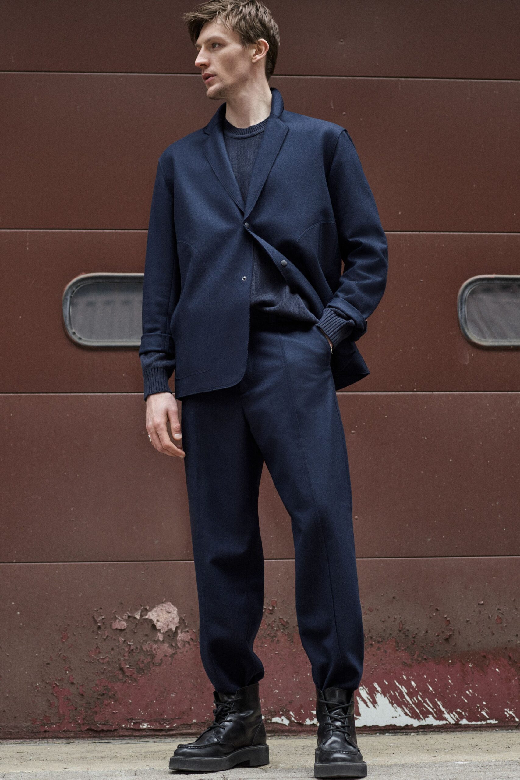 blue tailored blazer and relaxed pants