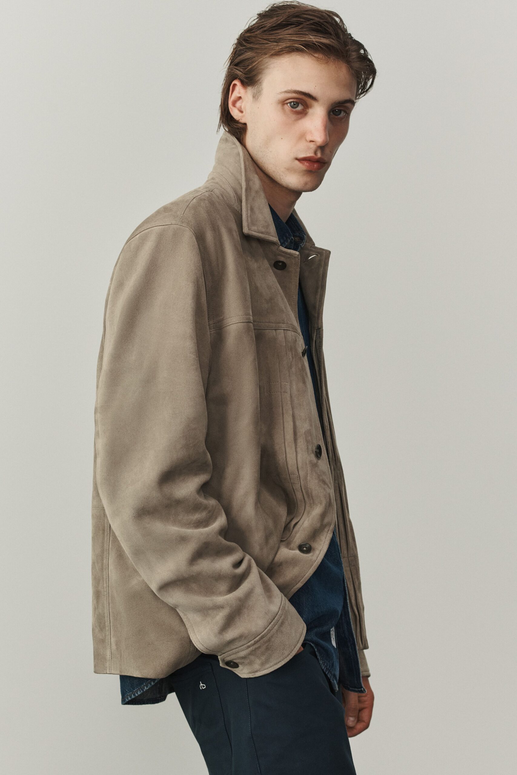 beige suede long-sleeve collared relaxed jacket