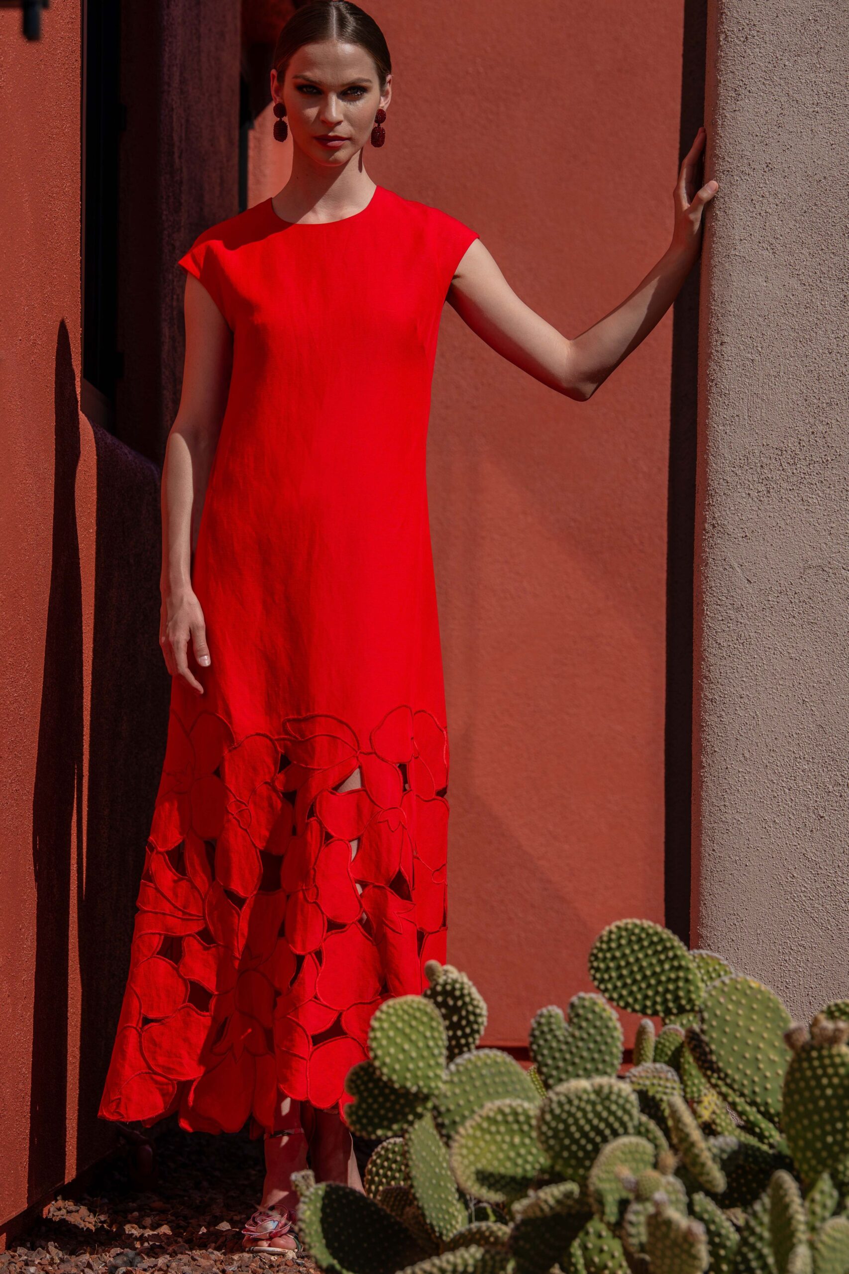 red silk sleeveless dress
