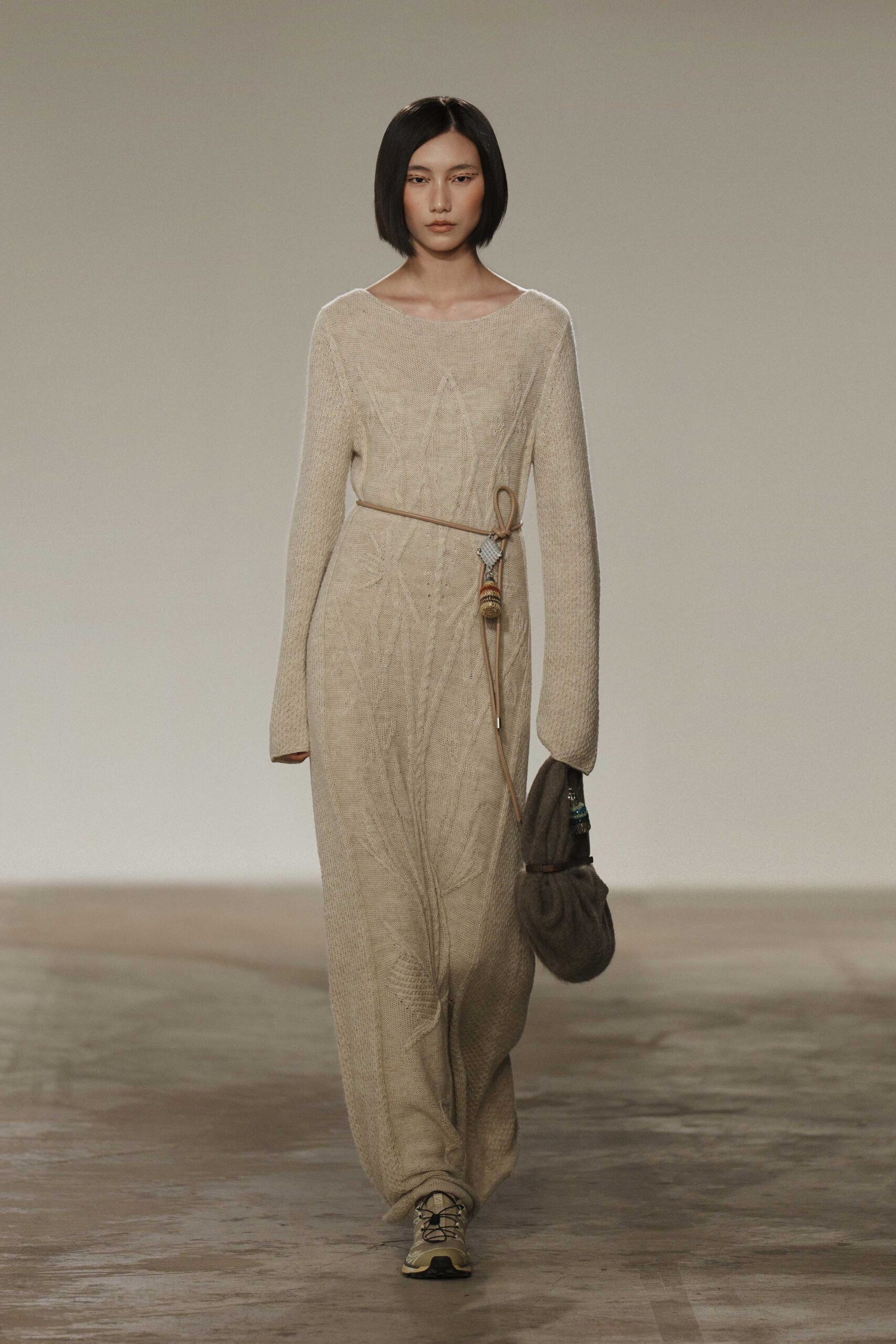beige wool long-sleeve scoop-neck relaxed belted maxi dress