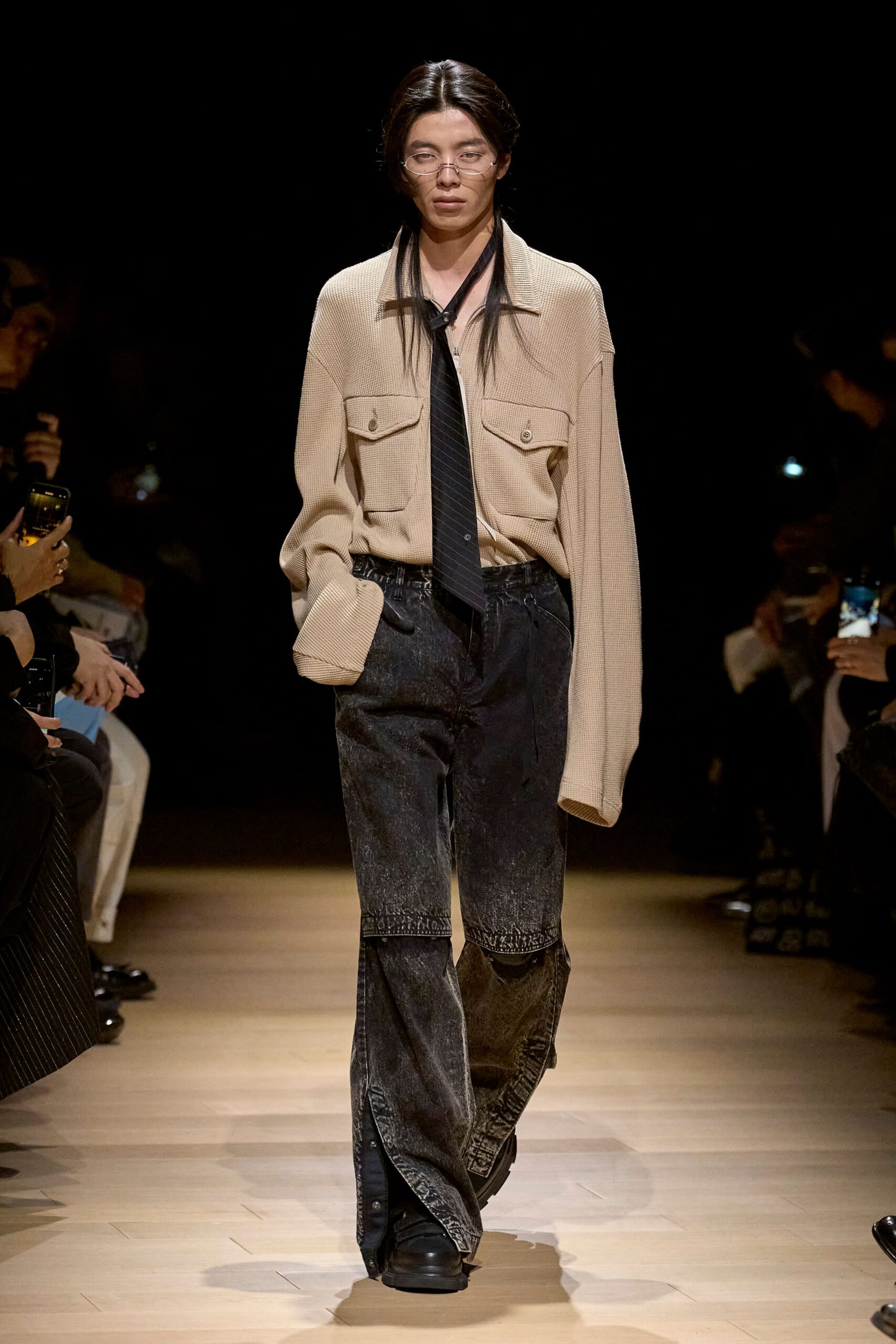 beige oversized shirt with black pants
