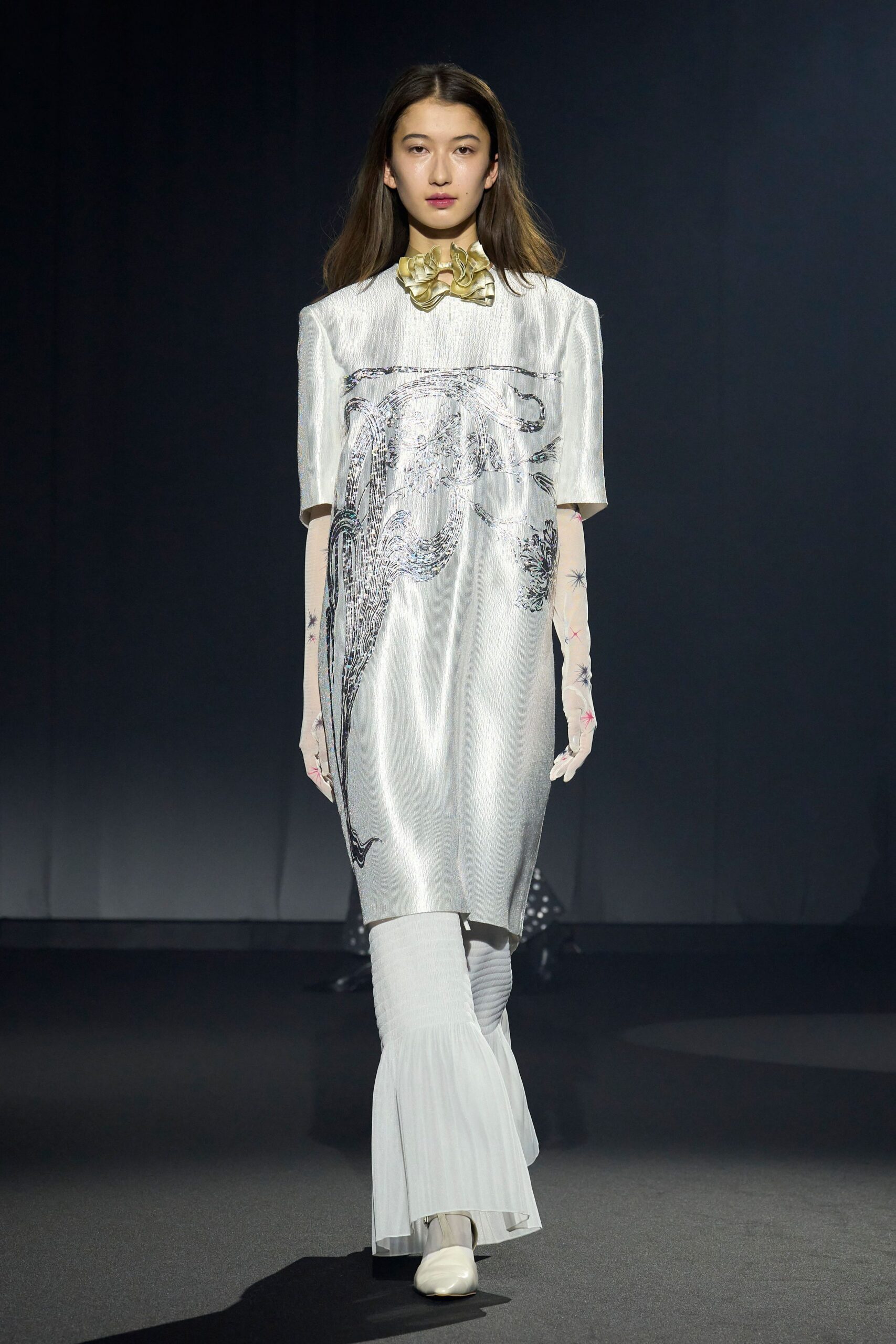 white silk short-sleeve collared relaxed embroidered layered dress