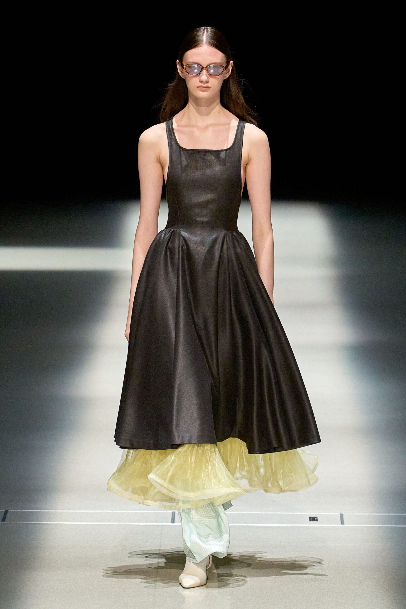 black leather midi dress with layered skirt