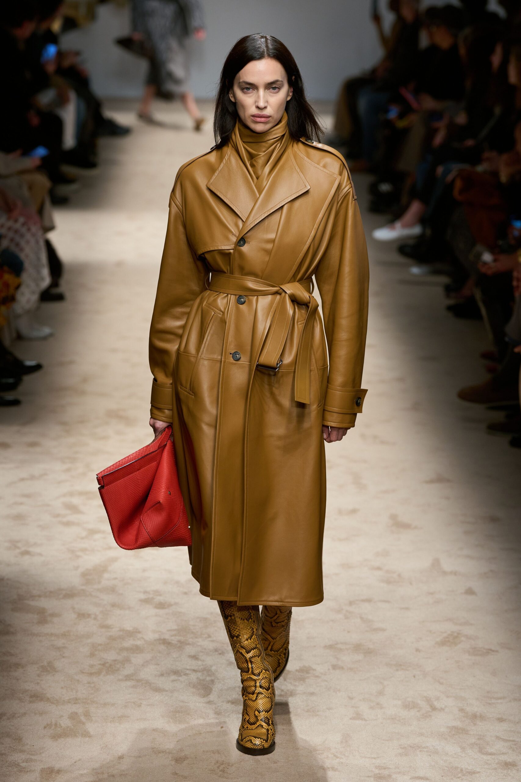 brown leather long-sleeve collared fitted belted coat