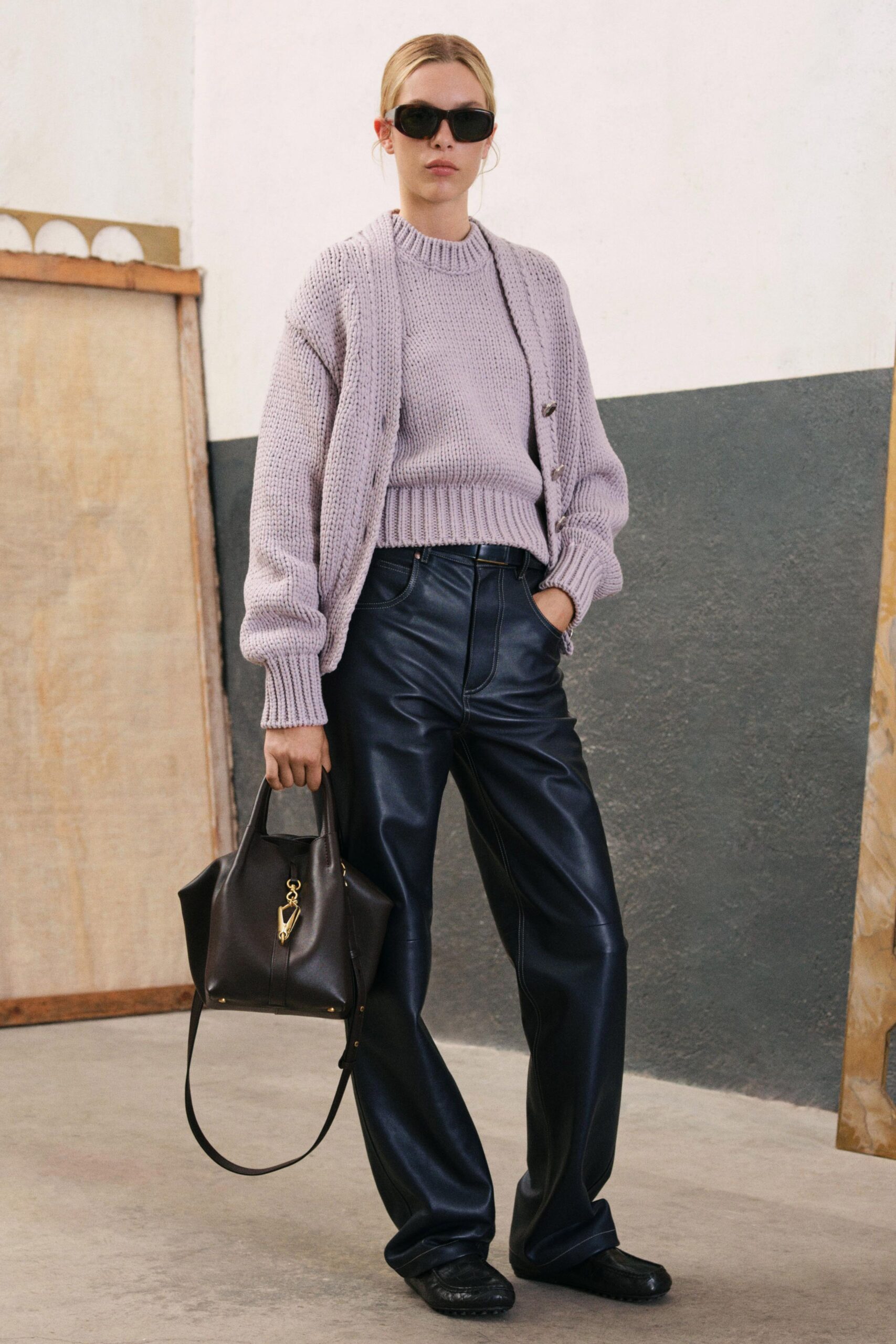 lavender cardigan and black leather pants