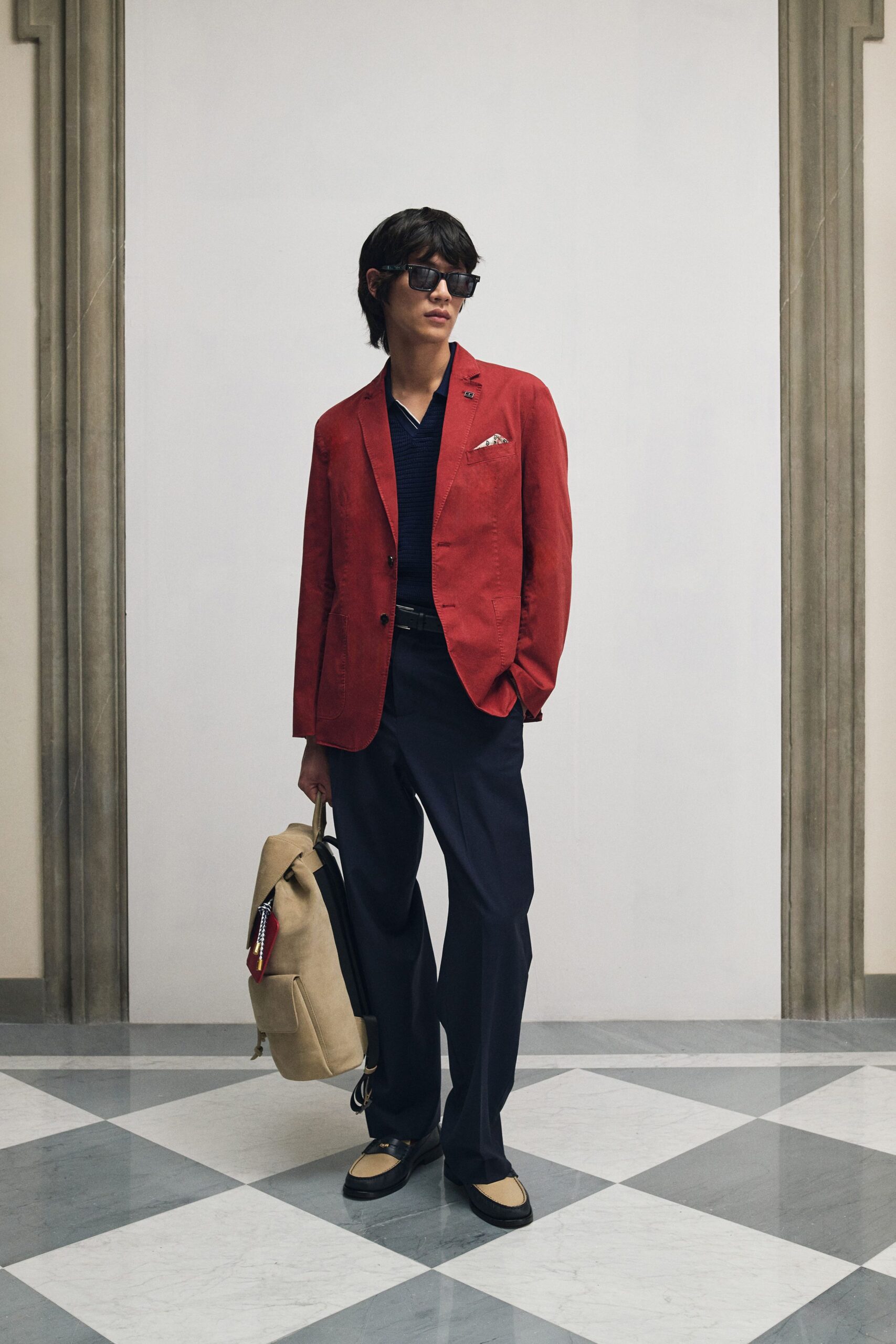 red long-sleeve collared tailored blazer