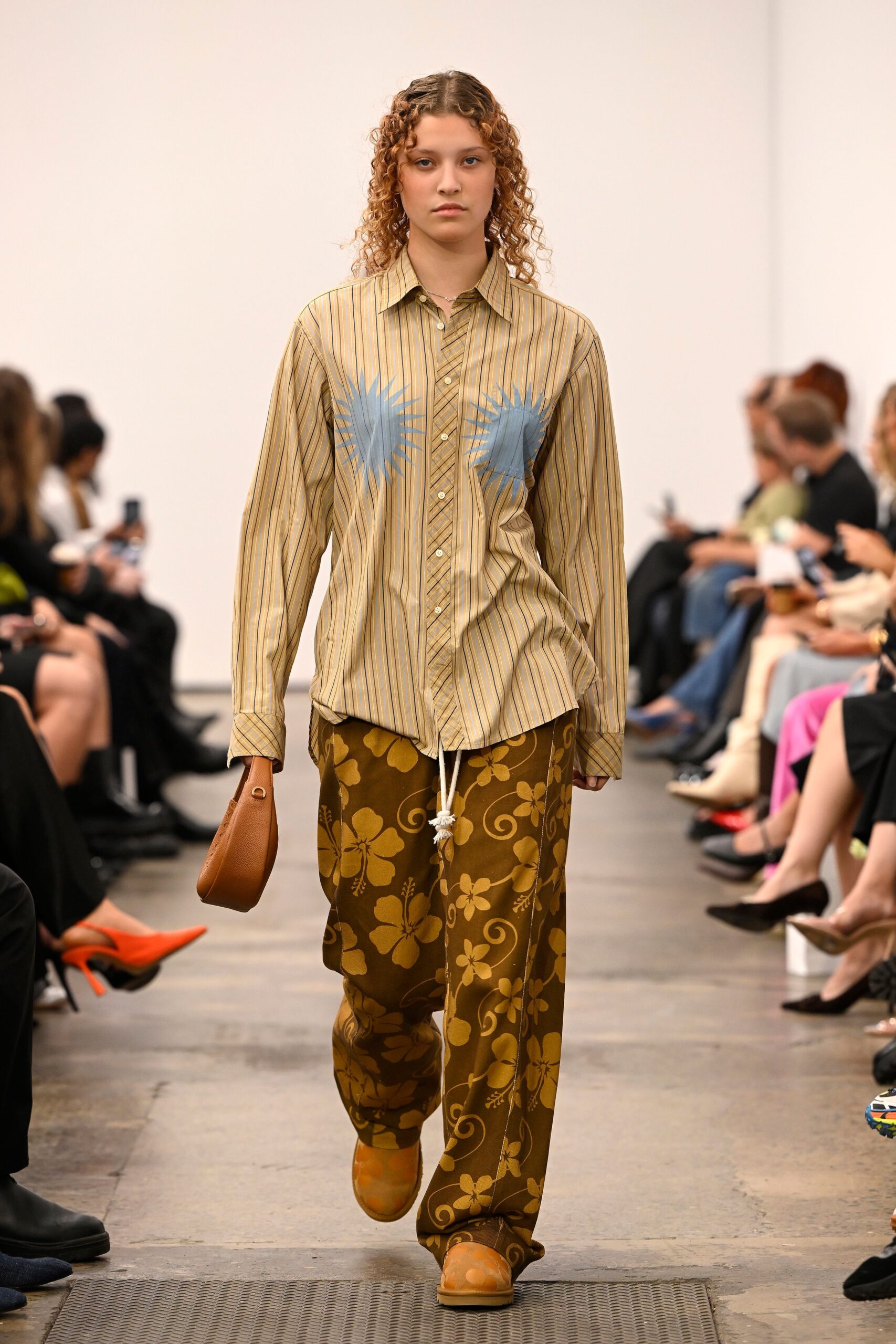 beige striped shirt with brown pants