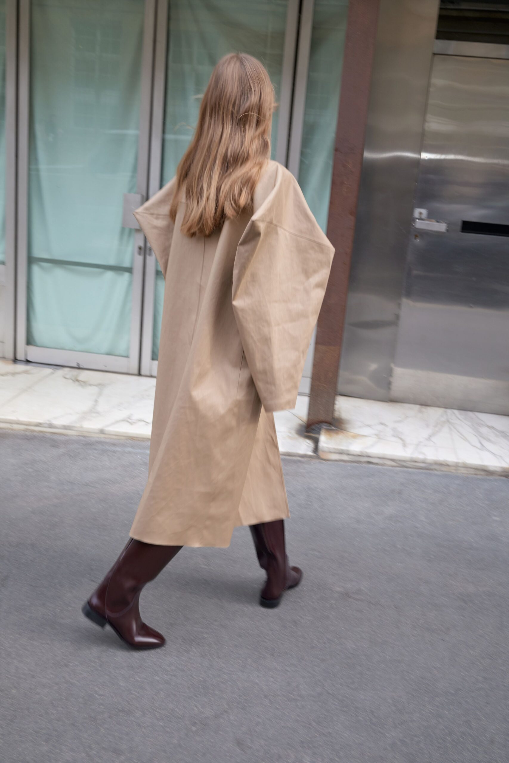 beige vinyl long-sleeve oversized midi coat