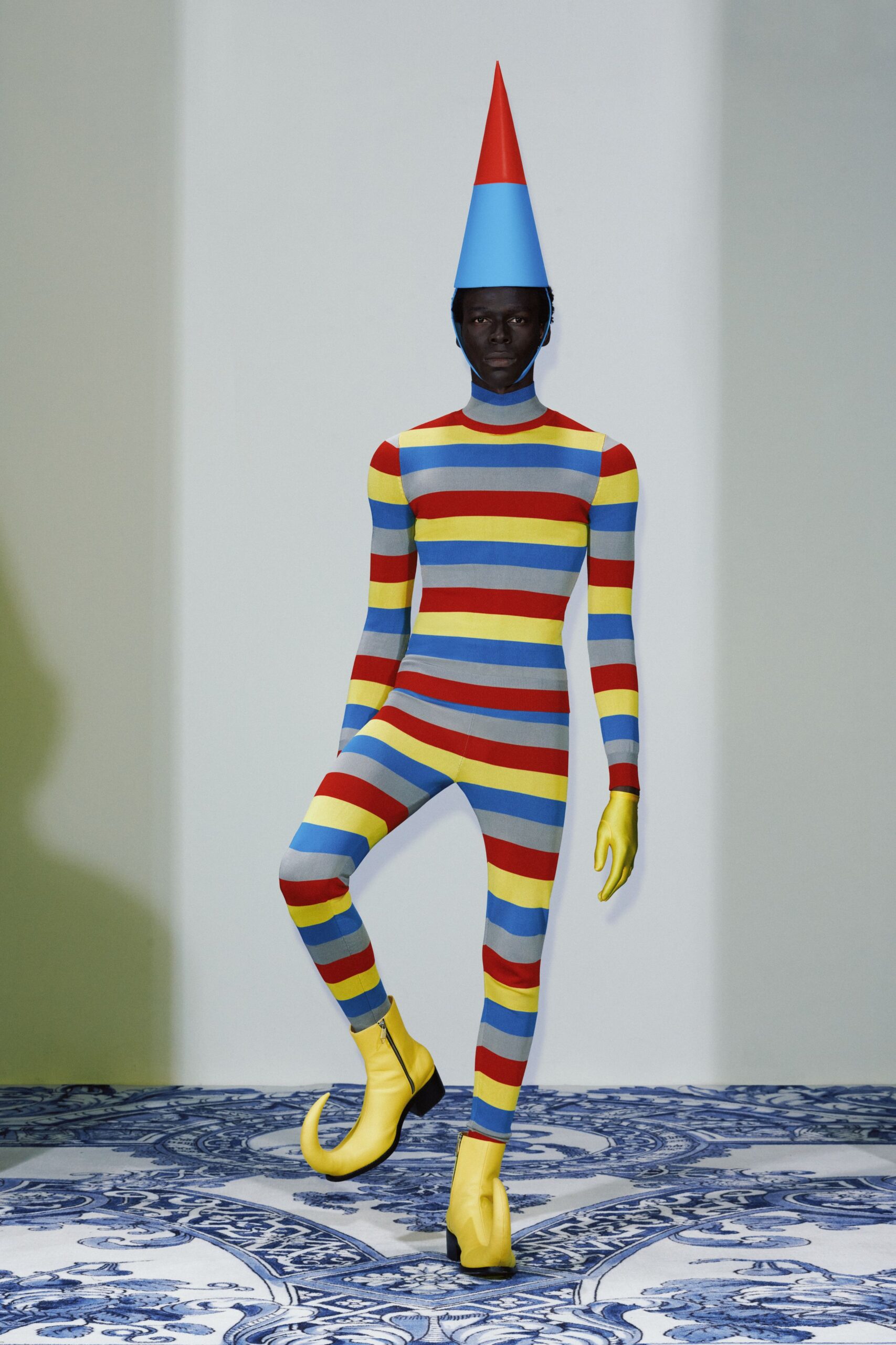 red cotton long-sleeve high-neck fitted striped catsuit