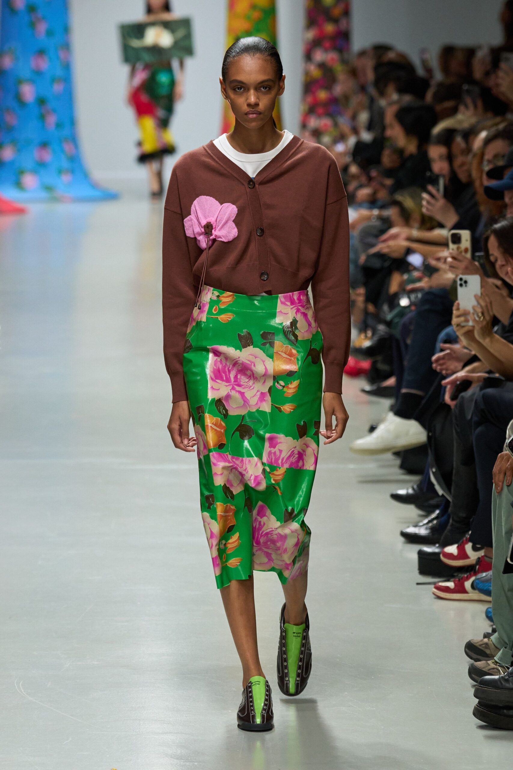 brown cardigan green floral skirt