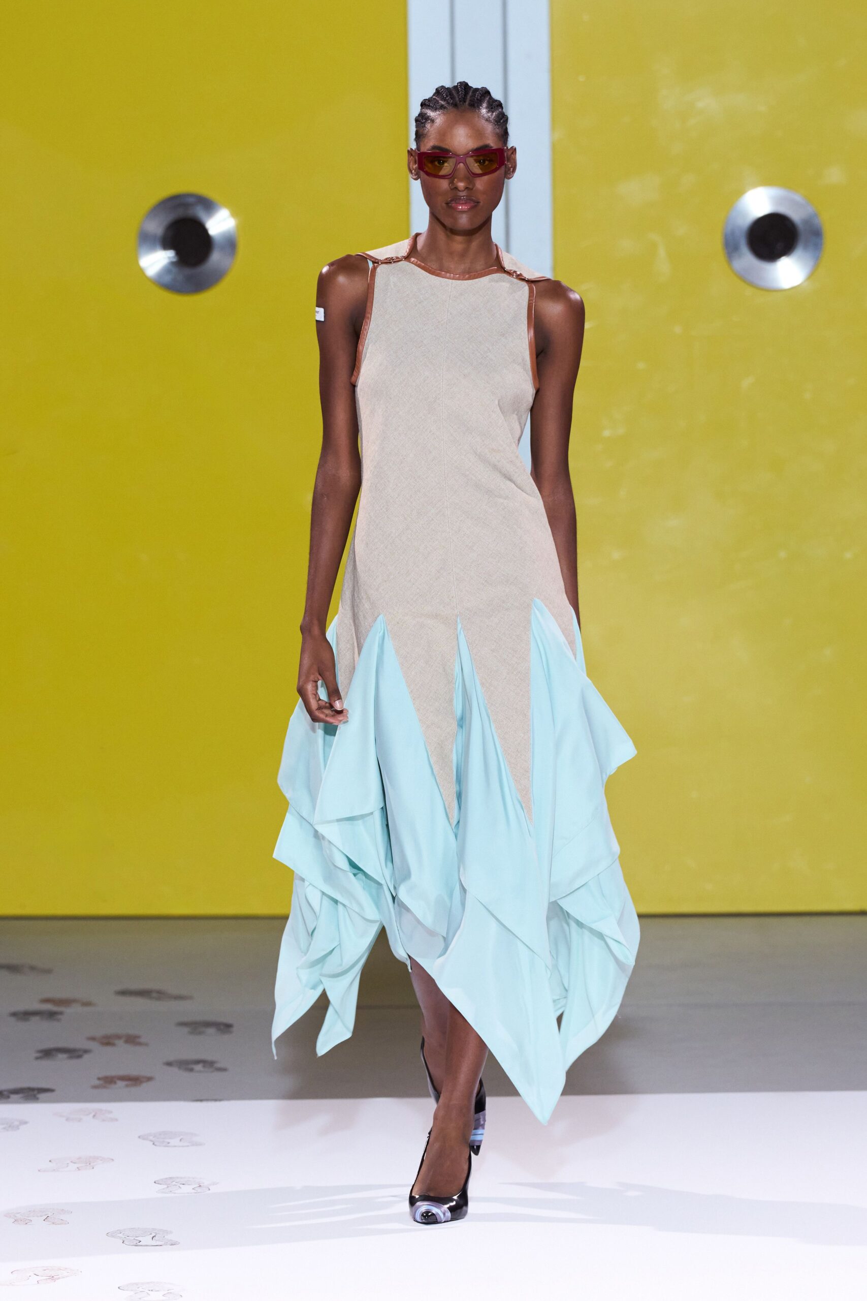 beige and aqua layered midi dress