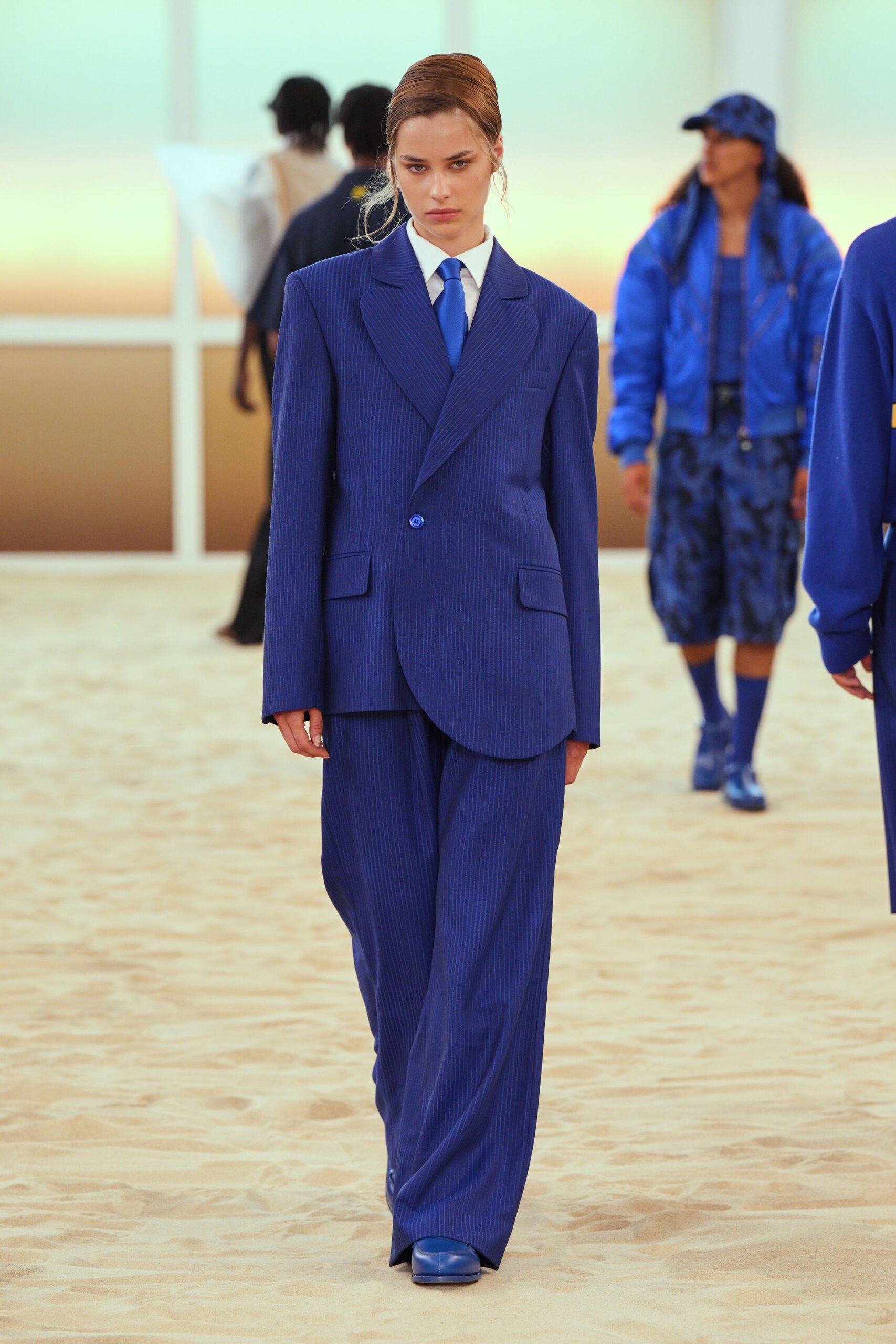 blue oversized suit with white shirt