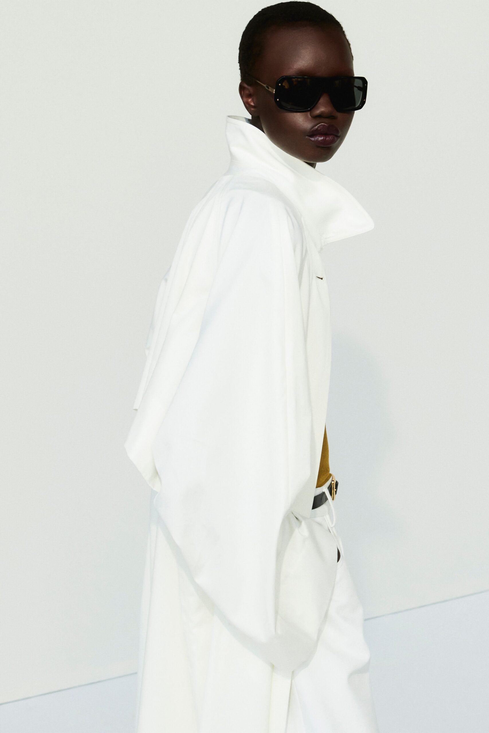 white cotton long-sleeve collared oversized draped coat
