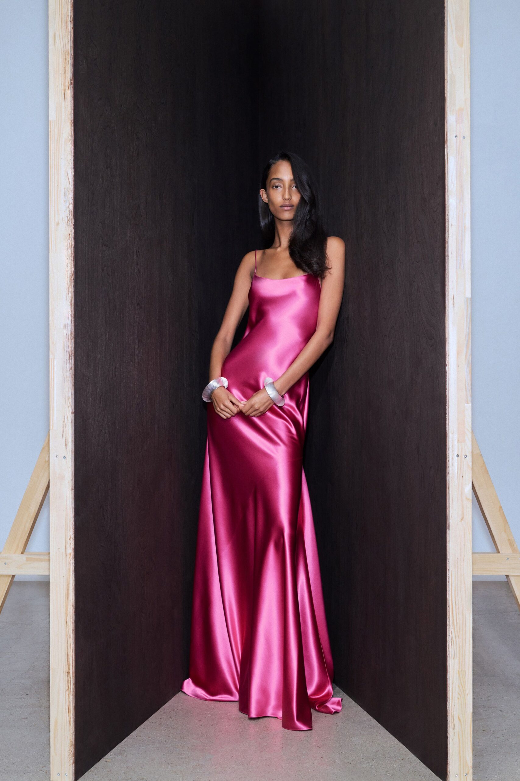 fitted pink satin gown