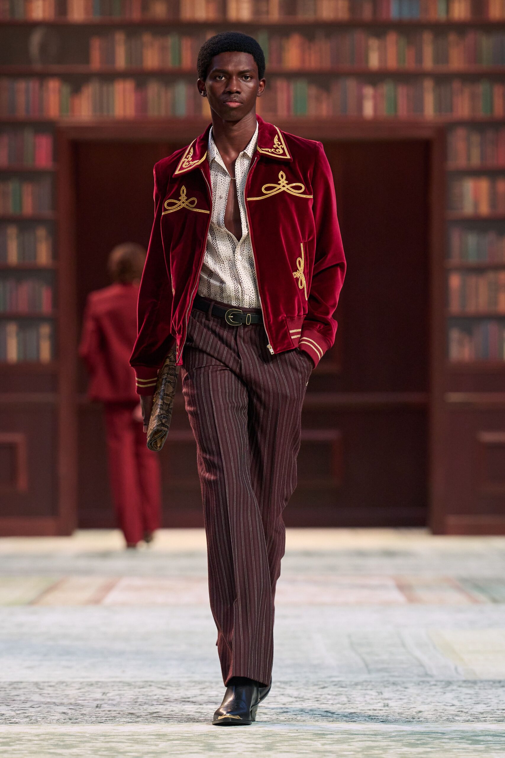 red velvet jacket with striped pants