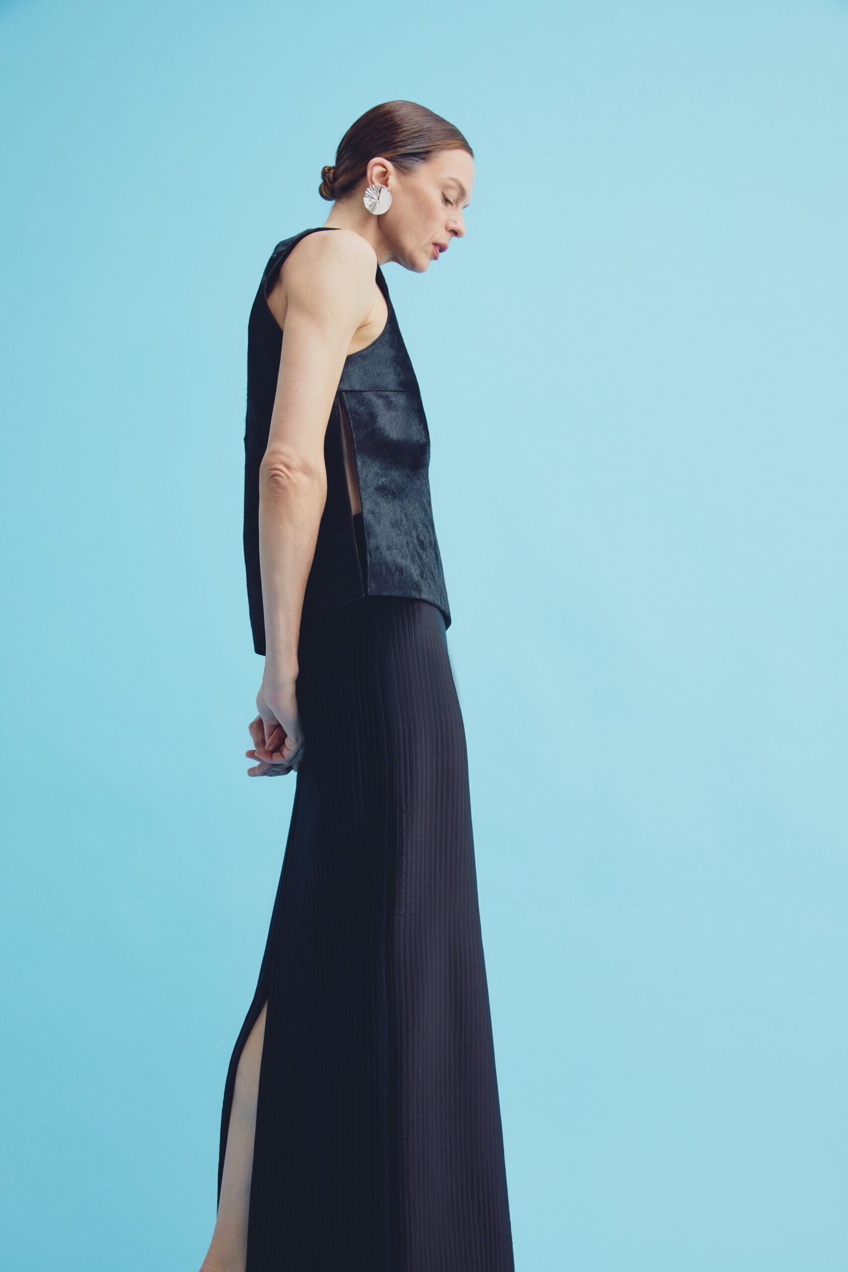 black fitted top and skirt