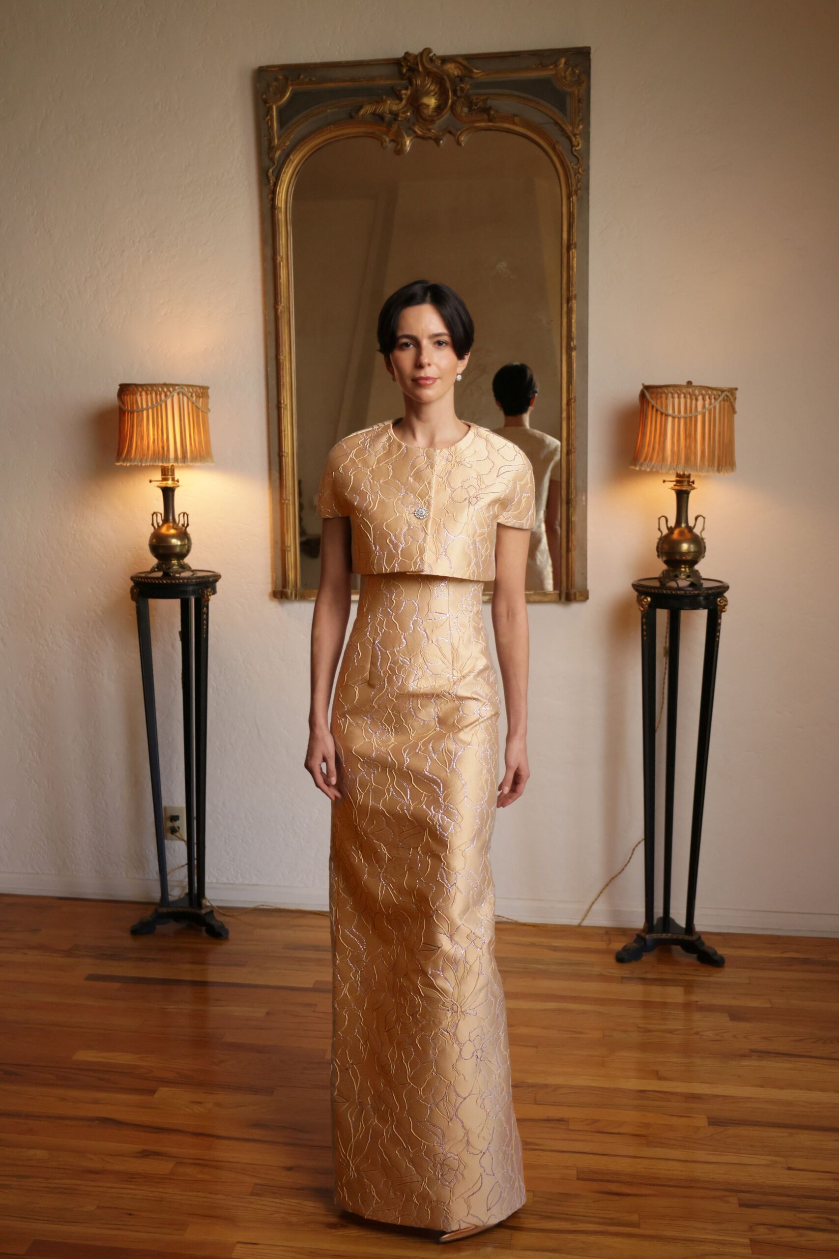 gold embroidered sleeveless gown